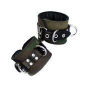 Latigo-leather leather restraint restraints ankle cuffs ankle-cuffs leg padded quilted rounded adjustable buckle locking lockable D-ring double-reinforced reinforced bondage bdsm bdsm-gear kink kinky kinky-play fetish brown green camouflage camo
