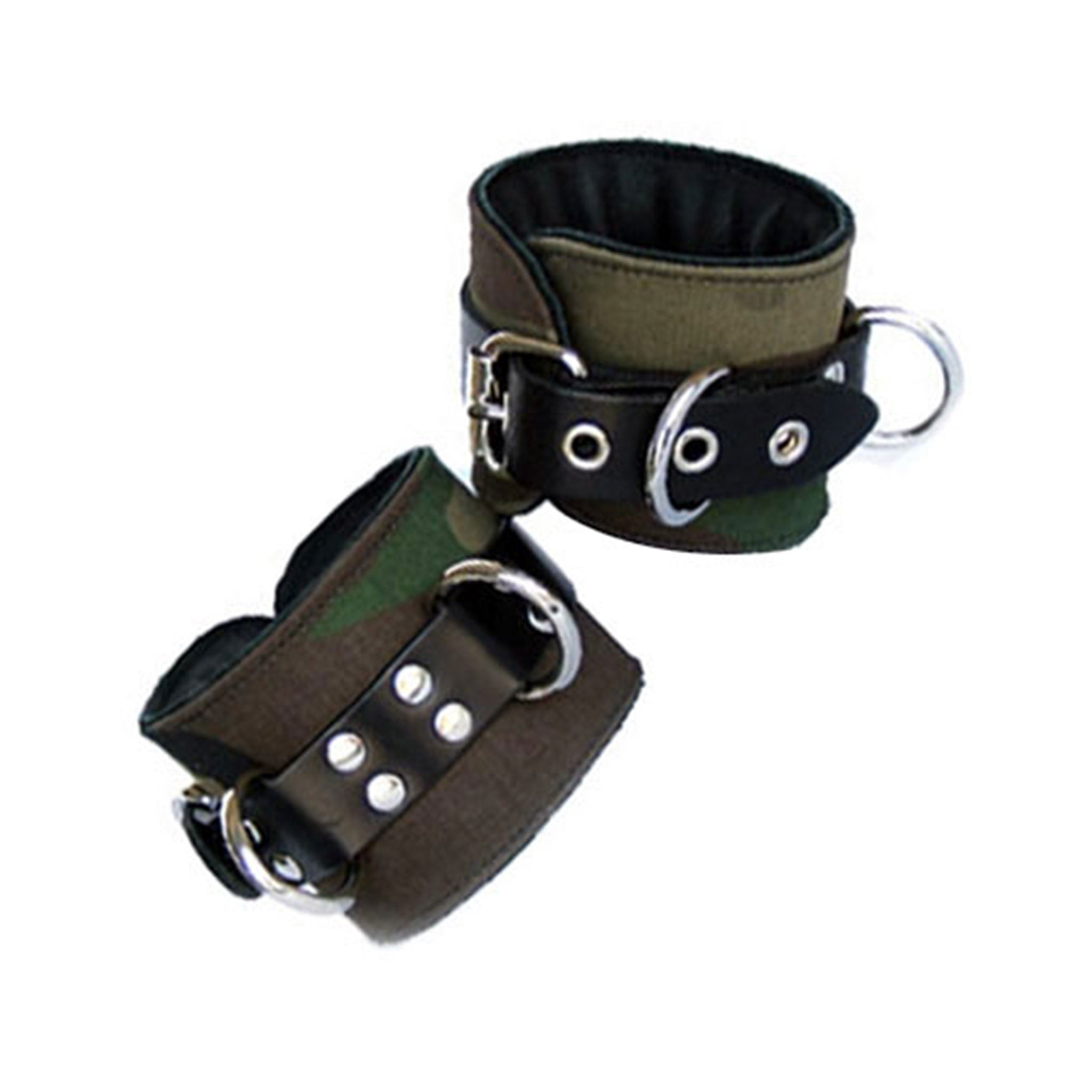 Latigo-leather leather restraint restraints ankle cuffs ankle-cuffs leg padded quilted rounded adjustable buckle locking lockable D-ring double-reinforced reinforced bondage bdsm bdsm-gear kink kinky kinky-play fetish brown green camouflage camo