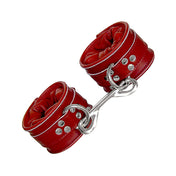 Latigo-leather leather restraint restraints ankle cuffs ankle-cuffs leg padded quilted rounded adjustable buckle locking lockable D-ring double-reinforced reinforced bondage bdsm bdsm-gear kink kinky kinky-play fetish red
