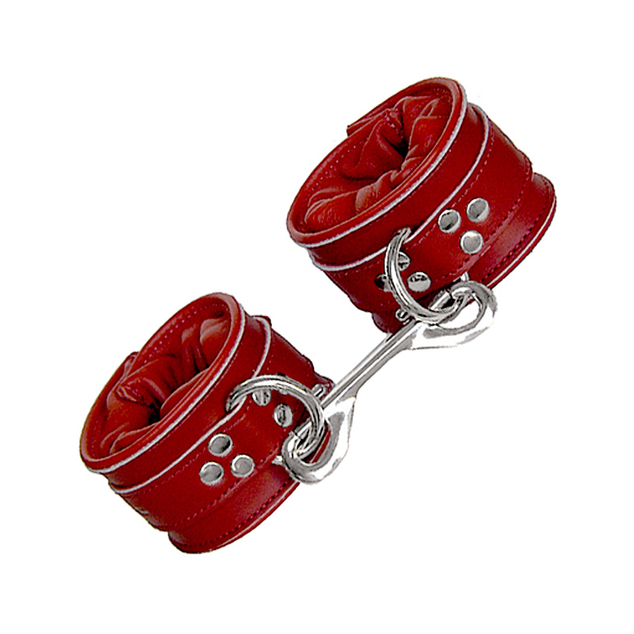 Latigo-leather leather restraint restraints ankle cuffs ankle-cuffs leg padded quilted rounded adjustable buckle locking lockable D-ring double-reinforced reinforced bondage bdsm bdsm-gear kink kinky kinky-play fetish red