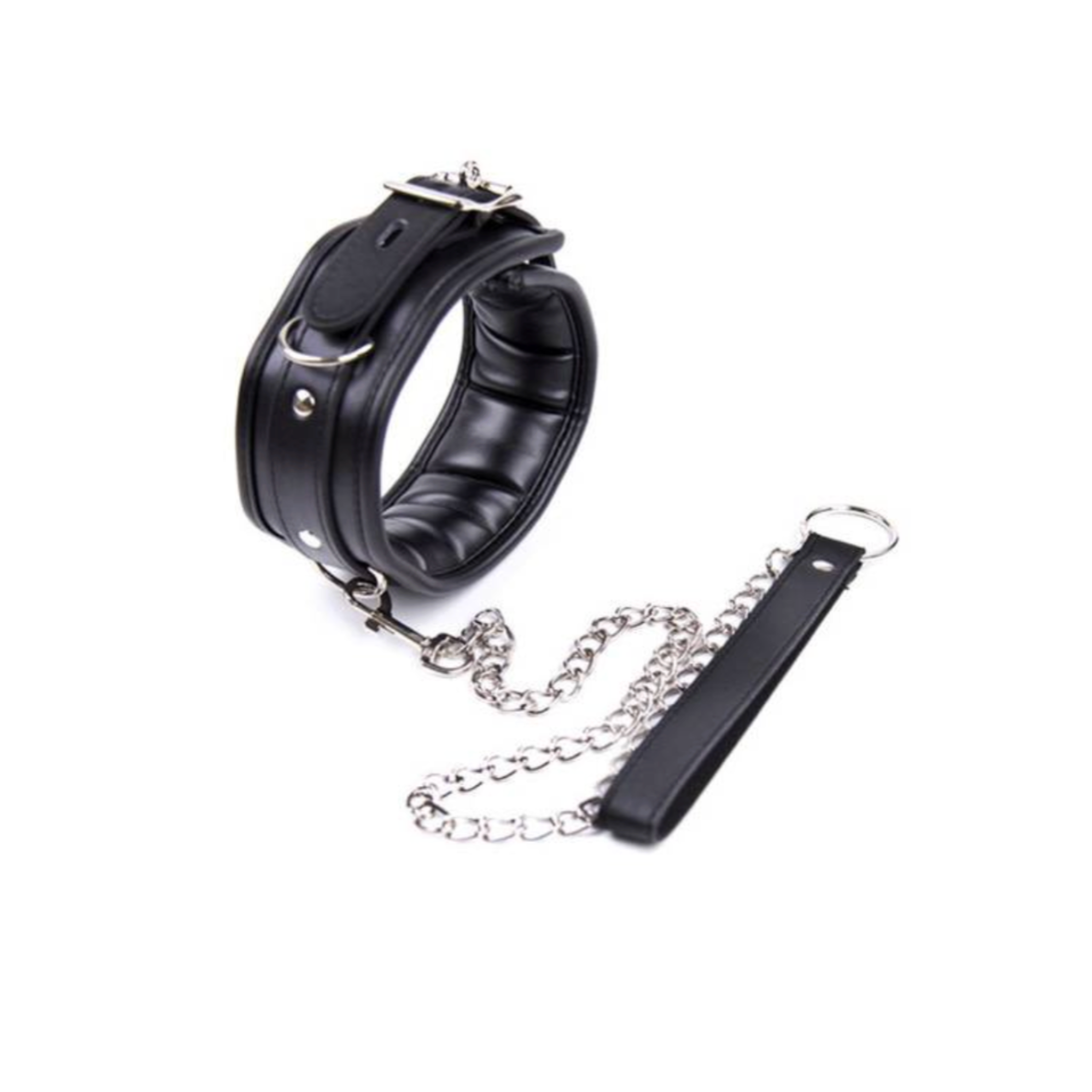 black padded faux leather collar chain leash d-ring bdsm neck collar fetish restraint accessory