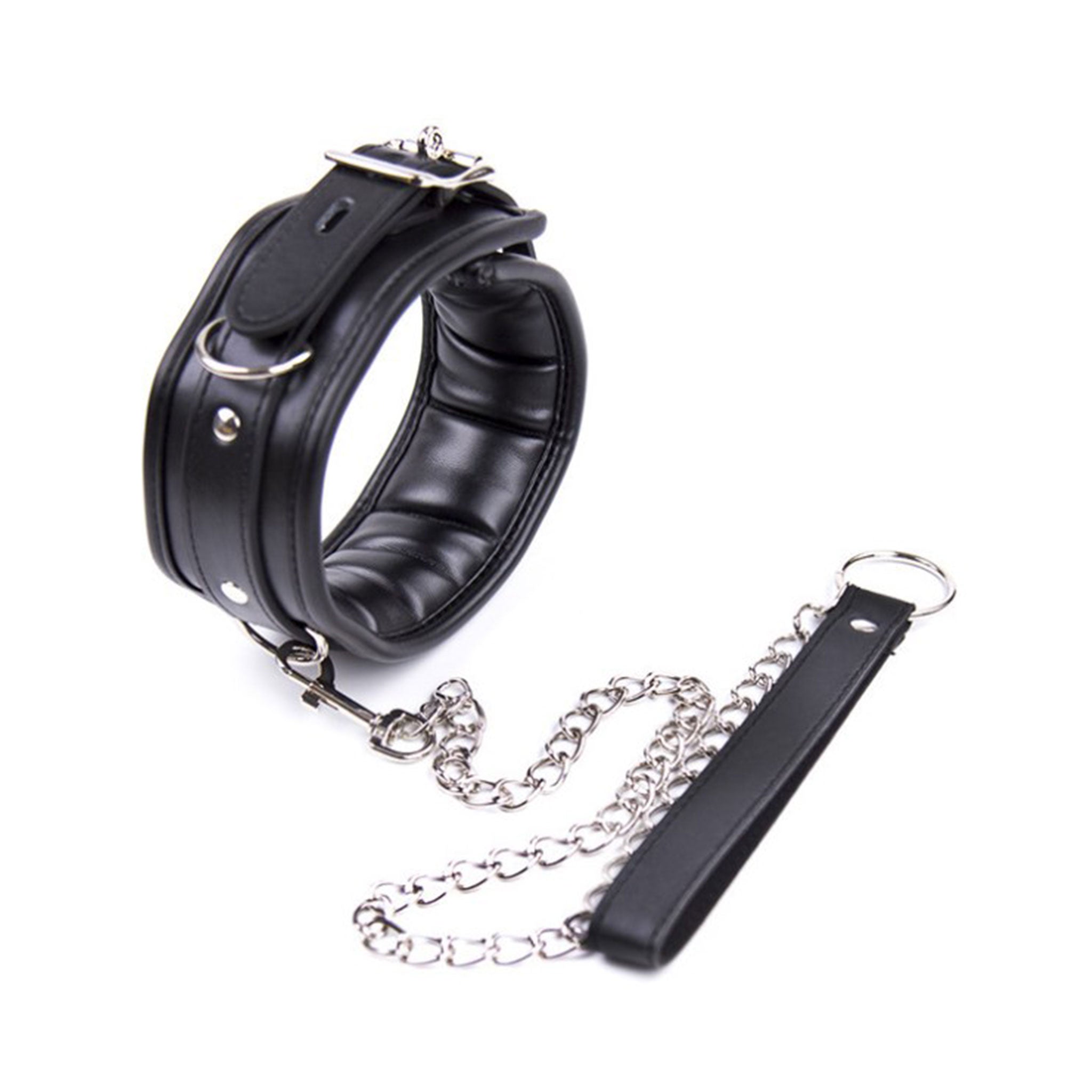 Leather faux-leather accessories neck restraint choker collar padded-collar padded lead leash chain-leash dual-layer tracking-chain D-ring detachable adjustable locking lockable locking-buckle spring-clasp soft matte-finish sleek fetish fashion alt-fashion alternative bedroom dungeon goth gothic cyber festivalwear bondage bdsm bdsm-gear bdsm-toys sub submissive submission submission-play kink kinky kinky-play kinky-toys kinkwear pet pet-play control roleplay role-play adult-toys unisex black