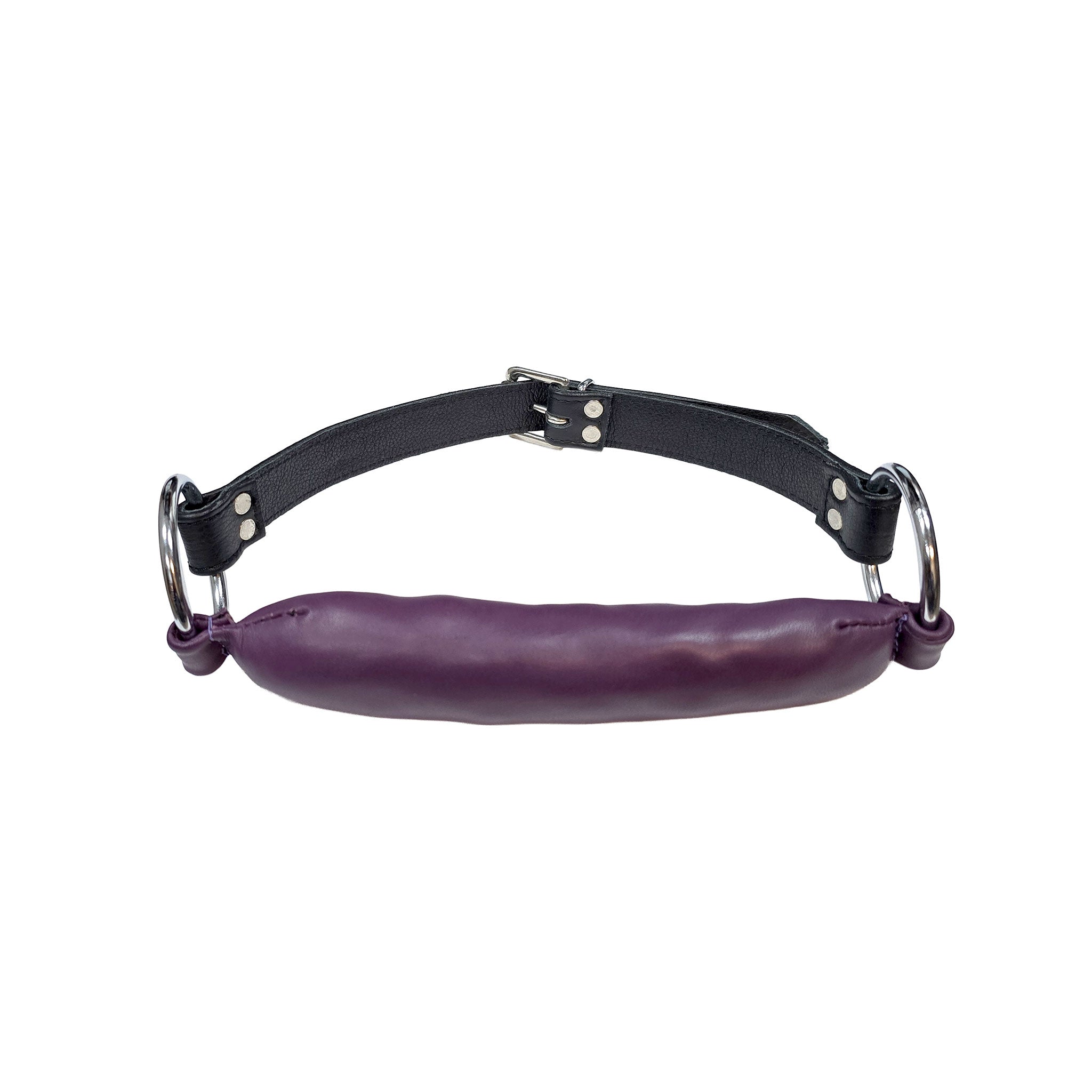 Leather padded accessories restraints gag mouth-gag padded-gag padded-bit leather-gag O-ring adjustable buckle soft fetish fashion alt-fashion alternative bedroom dungeon bondage bdsm bdsm-toys kink kinky kinky-toys kinky-play pet pet-play pony-play adult-toys unisex purple