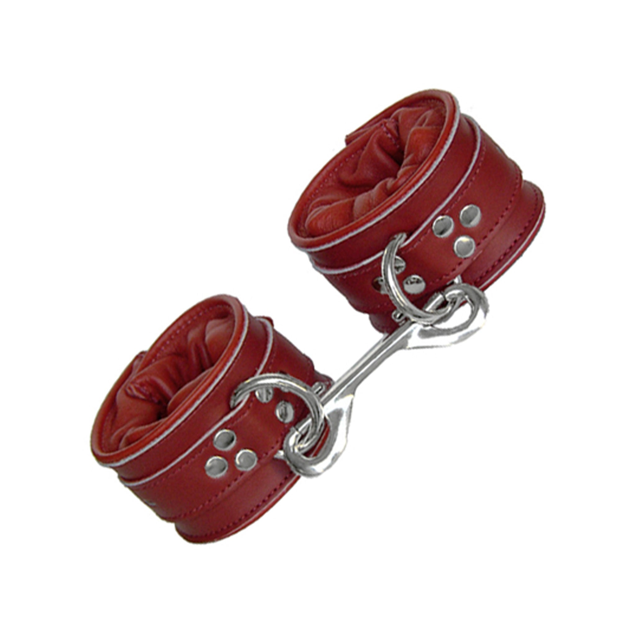 Leather latigo-leather chrome restraints wrist-restraints wrist-cuffs padded adjustable buckle locking lockable D-ring bondage bdsm bdsm-gear kink kinky kinky-play adult-toys red