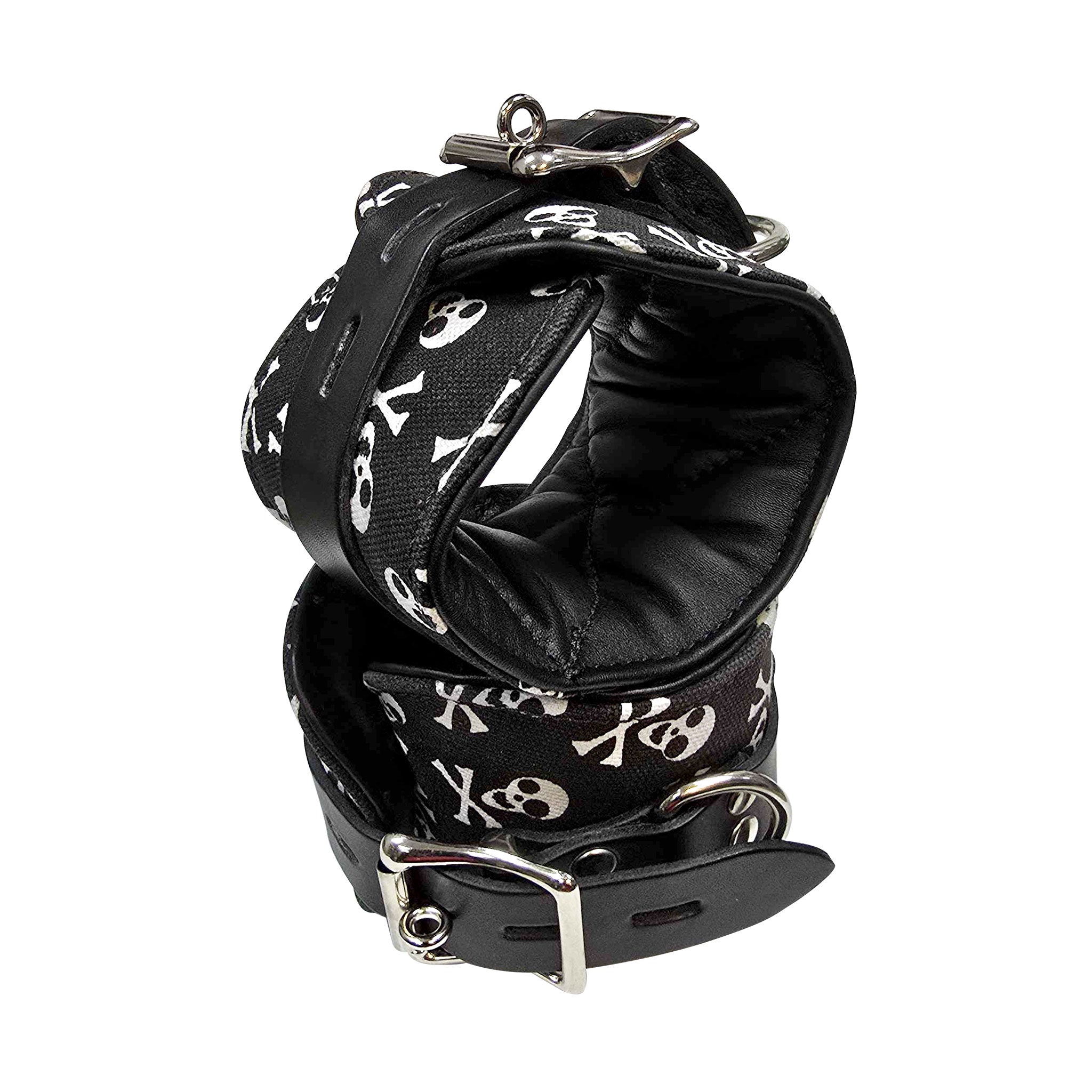 Leather latigo-leather chrome restraints wrist-restraints wrist-cuffs padded adjustable buckle locking lockable D-ring bondage bdsm bdsm-gear kink kinky kinky-play adult-toys skull crossbones pirate black white goth gothic spooky