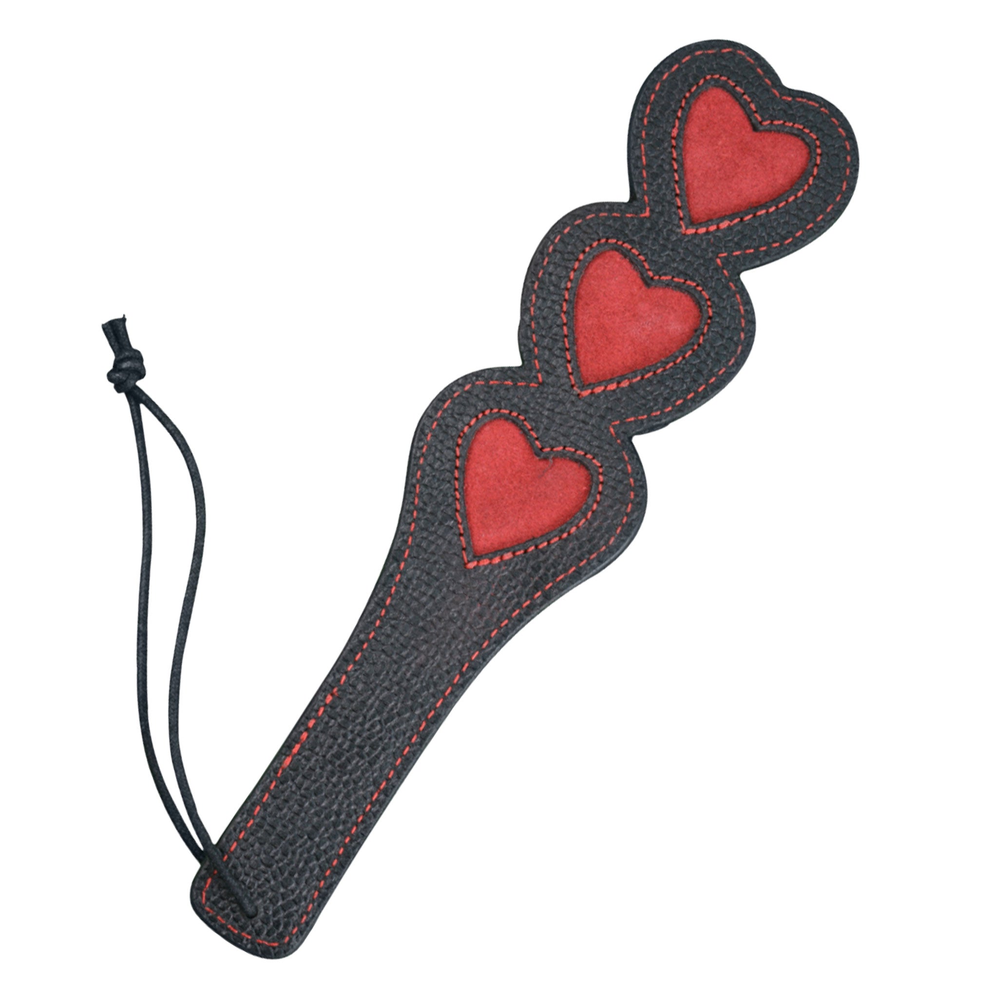Leather grain-leather suede accessories paddle heart-shaped three-hearts 3-hearts cutout cut-out stiff-insert heart-impression heart-imprint flexible bondage bdsm sadism sadist sadomasochism sadomasochist masochism masochist bdsm bdsm-toys bdsm-play impact impact-toys impact-play kink kinky kinky-play kinky-toys spanking discipline punishment valentines be-mine costume cosplay unisex black red
