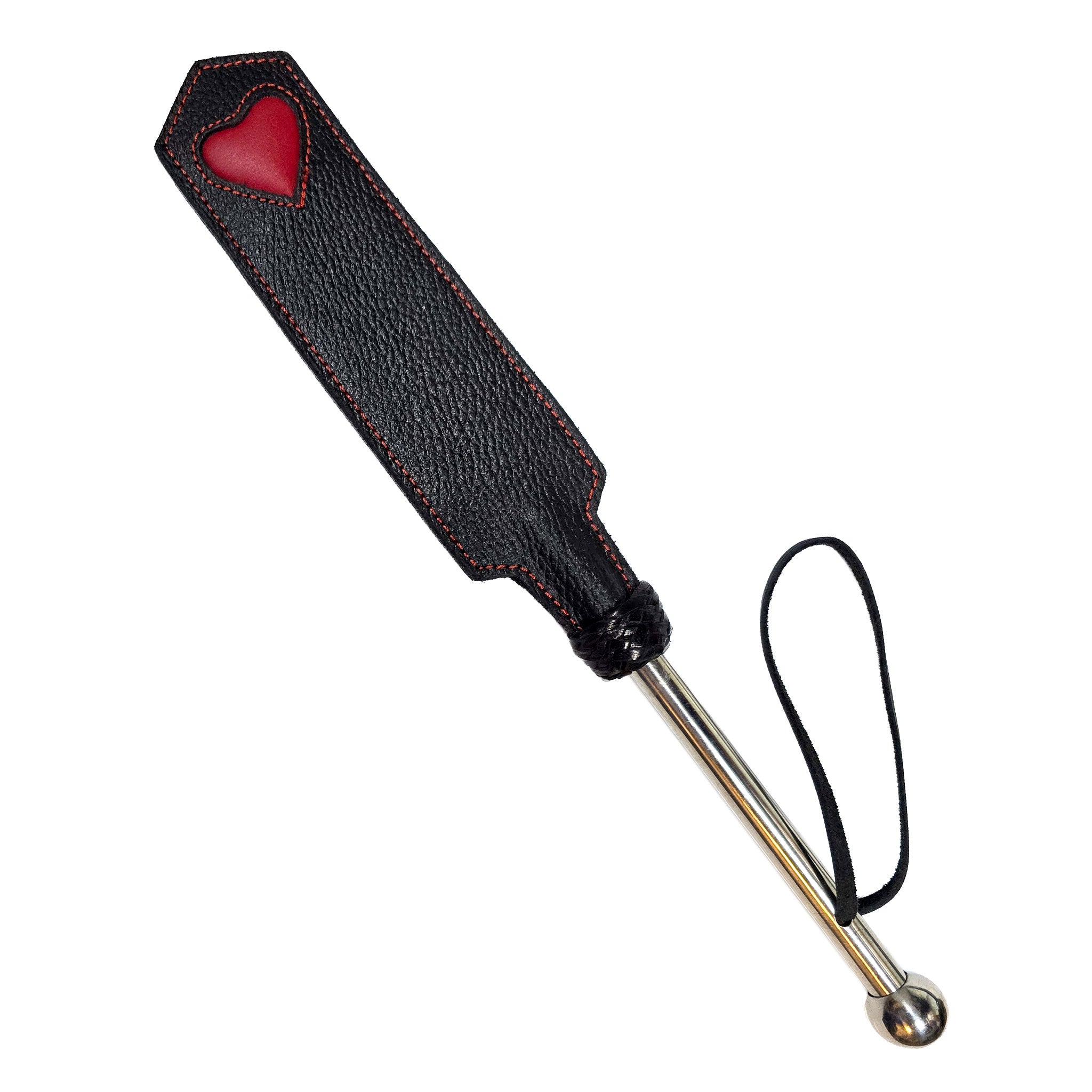 Leather grain-leather accessories paddle slapper padded-heart heart-imprint metal-handle contrast-stitching flexible fetish fashion alt-fashion bondage bdsm bdsm-gear bdsm-toys sadism masochism sadist masochist sadomasochism sadomasochist impact impact-toys impact-play kink kinky kinky-toys spanking discipline punishment costume cosplay unisex black-red