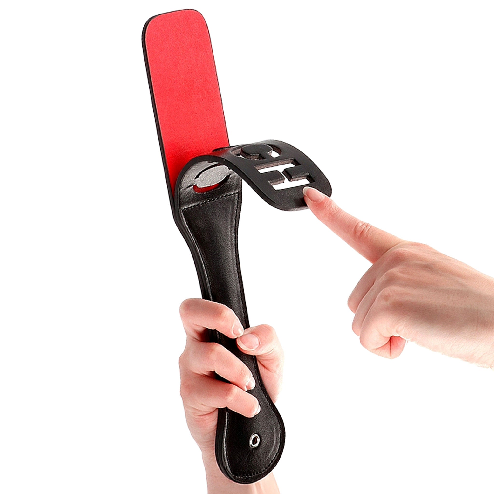 Leather faux-leather accessories paddle slapper tawse-paddle ouch ouch-imprint cutout reverse-cutout imprint dual-layer audible-impact handle-loop flexible lightweight bondage bdsm bdsm-toys bdsm-gear impact impact-toys impact-play kink kinky kinky-play spanking discipline pain unisex black red