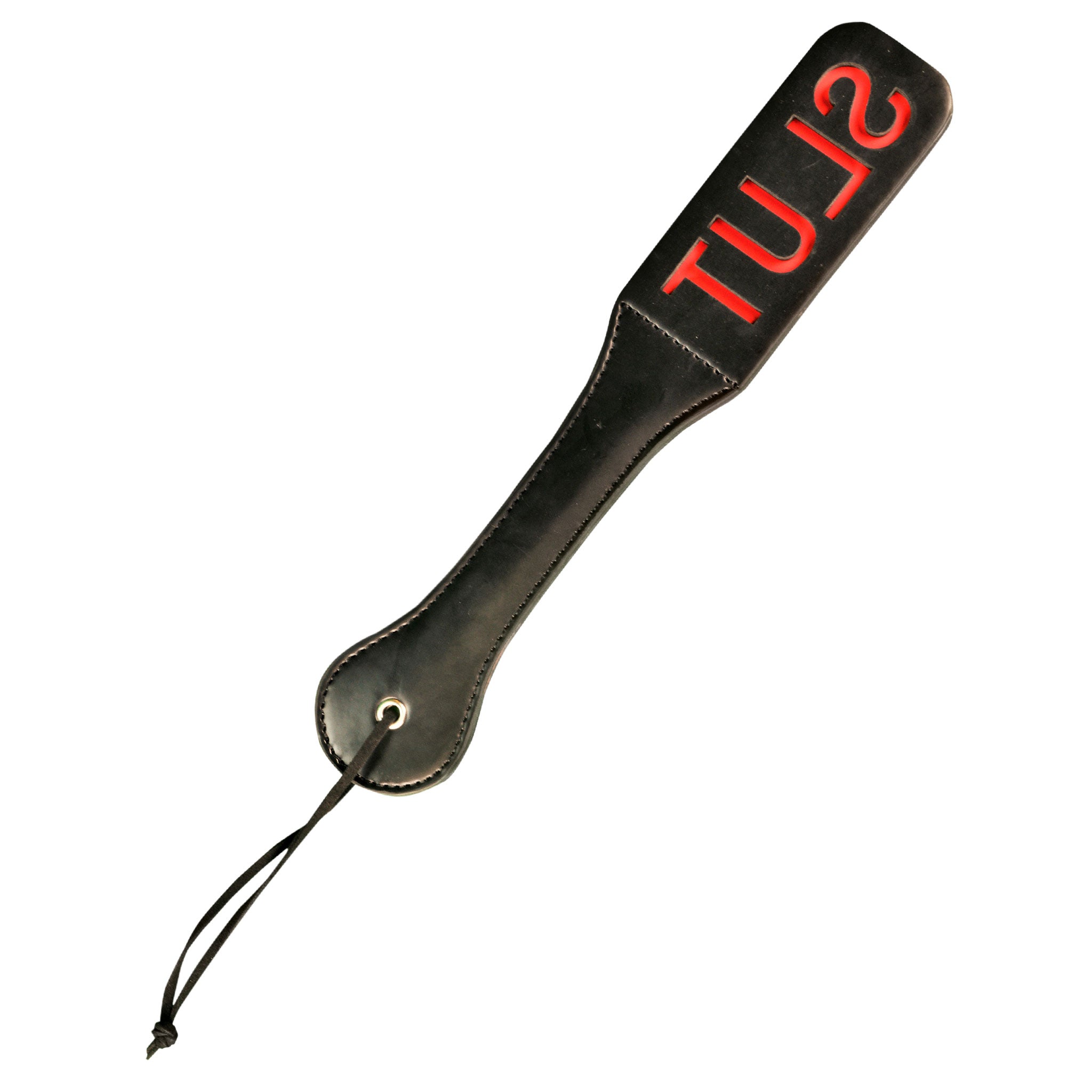 Leather faux-leather nylon accessories paddle slapper slut slut-imprint cutout reverse-cutout imprint dual-layer audible-impact handle-loop flexible lightweight bondage bdsm bdsm-toys bdsm-gear impact impact-toys impact-play kink kinky kinky-play spanking discipline pain unisex black red