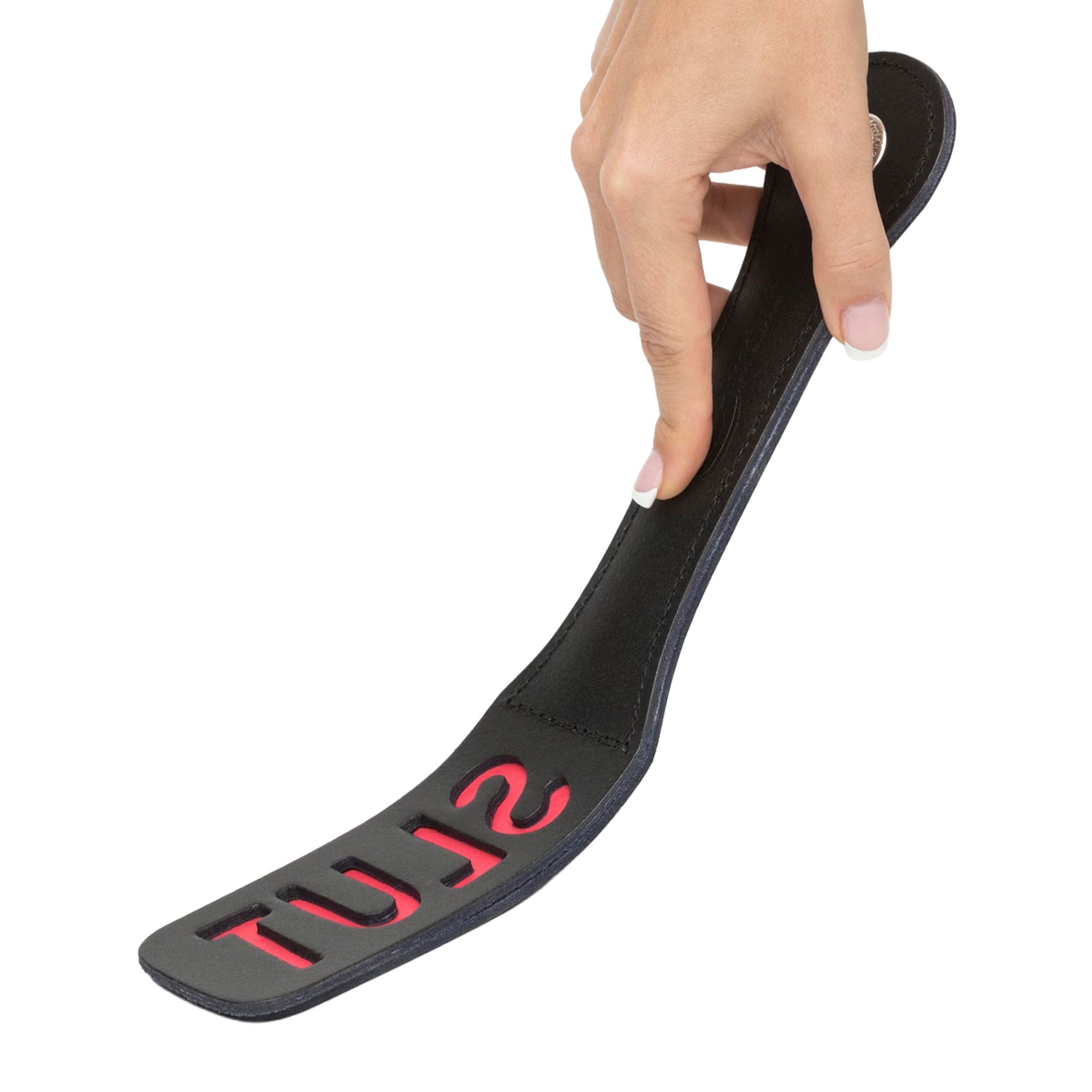 Leather faux-leather nylon accessories paddle slapper slut slut-imprint cutout reverse-cutout imprint dual-layer audible-impact handle-loop flexible lightweight bondage bdsm bdsm-toys bdsm-gear impact impact-toys impact-play kink kinky kinky-play spanking discipline pain unisex black red