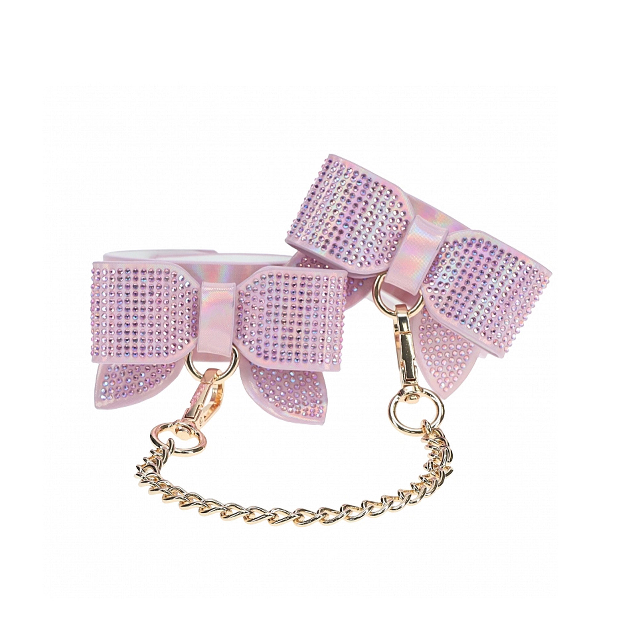 Leather bonded PU PVC iridescent cuffs ankle anklecuffs ankle-cuffs bow rhinestone D-ring chain metallic linking adjustable sturdy durable bdsm bdsm-gear bondage restraints kink kinky kinky-play accessories cute paris pink