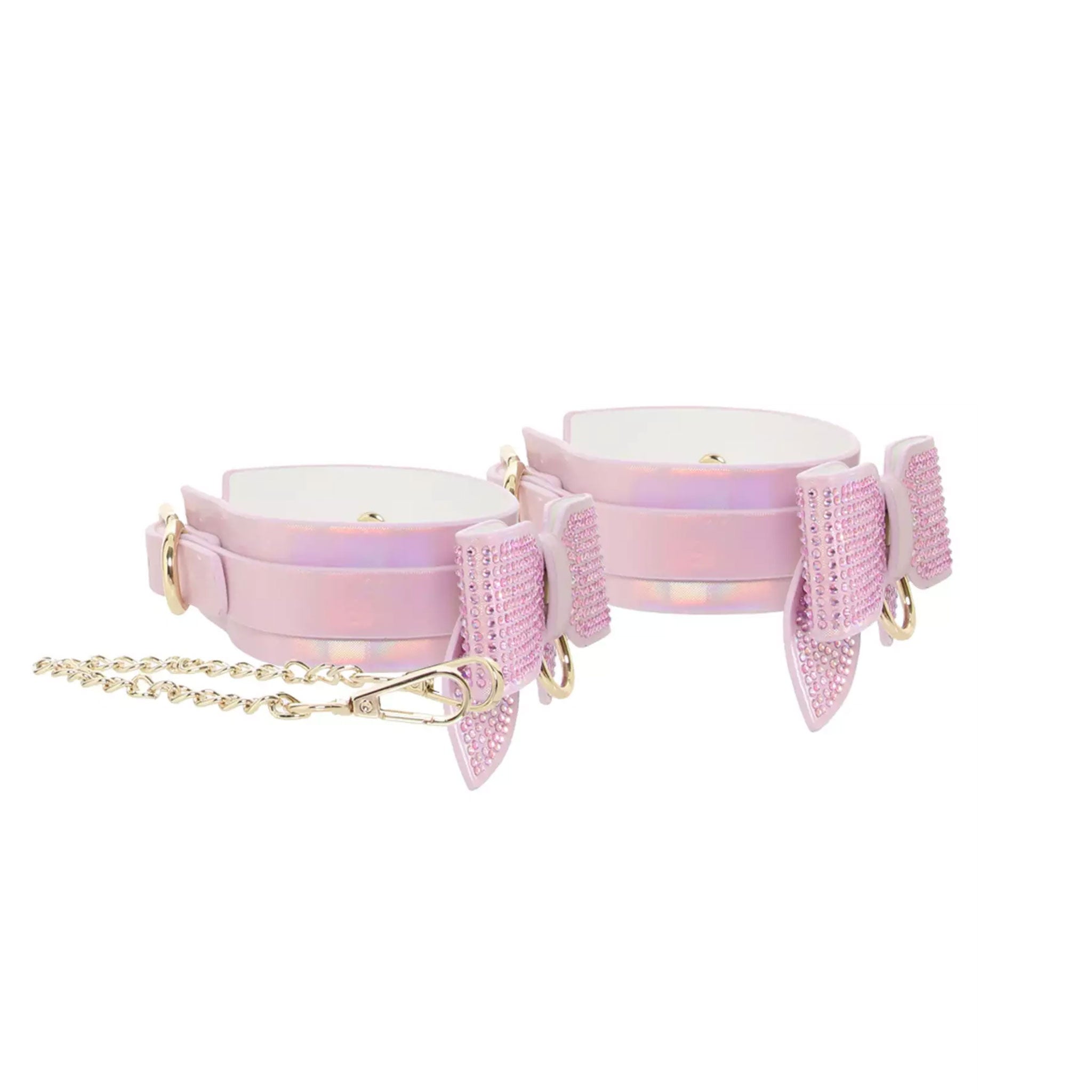 Leather bonded PU PVC iridescent cuffs ankle anklecuffs ankle-cuffs bow rhinestone D-ring chain metallic linking adjustable sturdy durable bdsm bdsm-gear bondage restraints kink kinky kinky-play accessories cute paris pink