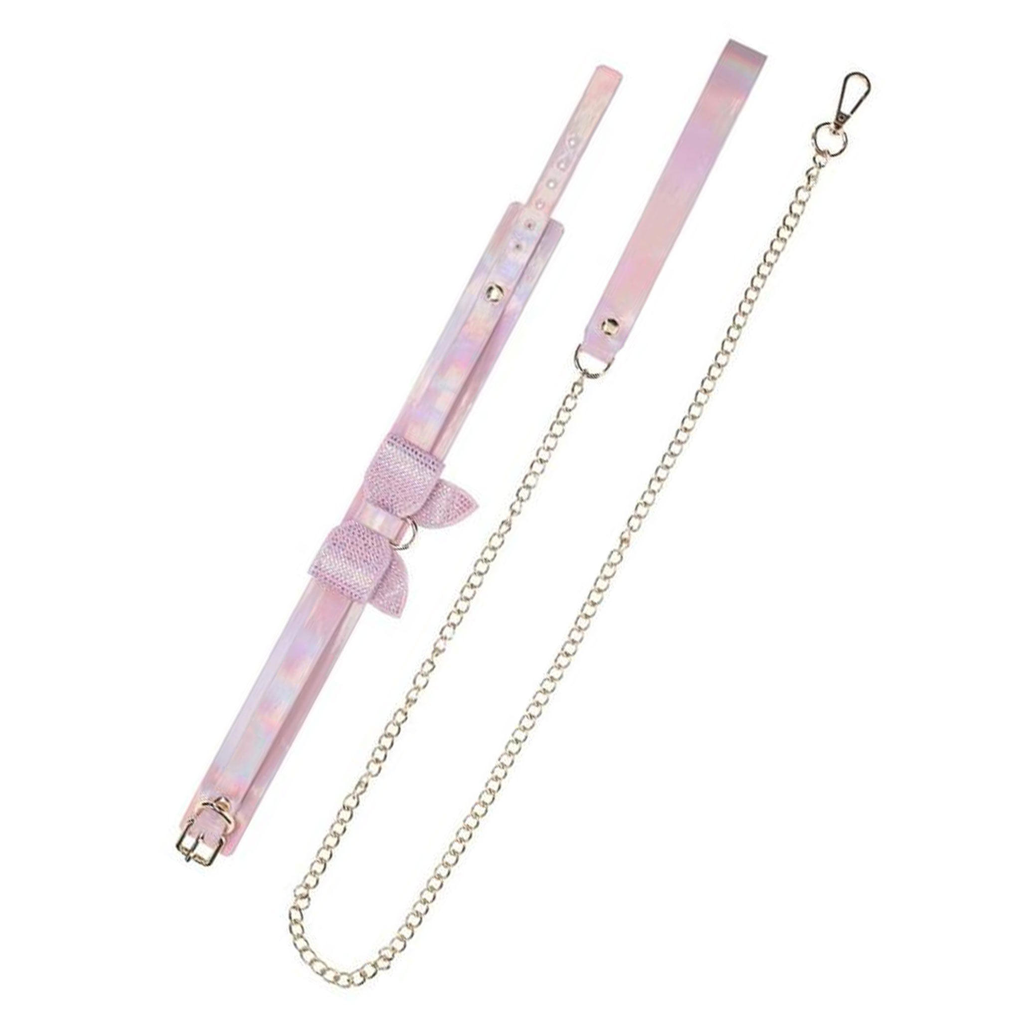 Leather bonded PU PVC collar bow D-ring iridescent glam rhinestone leash leads chain metallic bdsm bdsm-gear bondage kink kinky kinky-play pet-play cute girly sissy restraint accessories paris pink gold