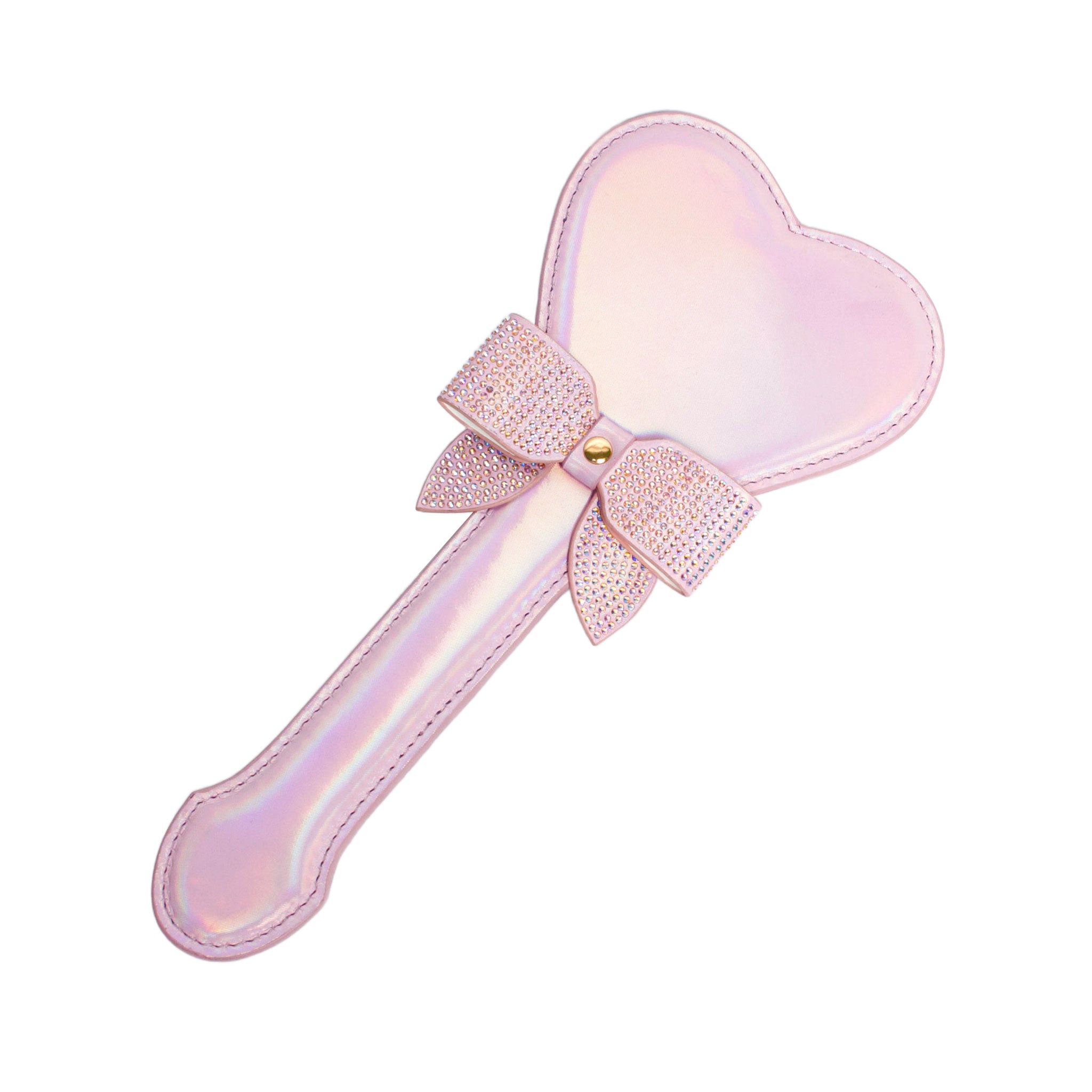 Leather bonded PU PVC iridescent holographic paddle spank spanking bow heart-shaped heart rhinestone dazzling bdsm bdsm-gear kink kinky kinky-play impact impact-play impact-toys fetish playful paris accessories pink baby-pink
