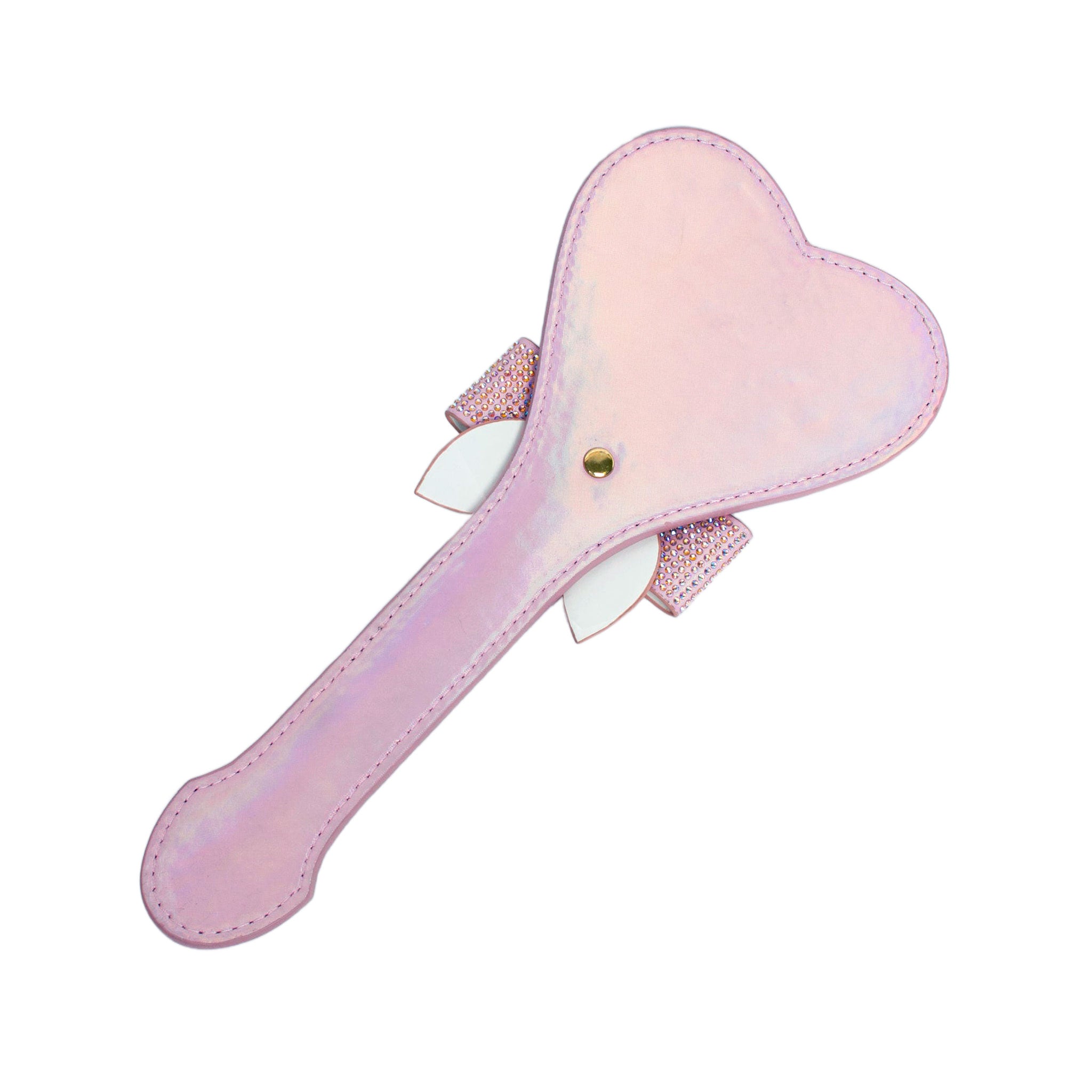 Leather bonded PU PVC iridescent holographic paddle spank spanking bow heart-shaped heart rhinestone dazzling bdsm bdsm-gear kink kinky kinky-play impact impact-play impact-toys fetish playful paris accessories pink baby-pink