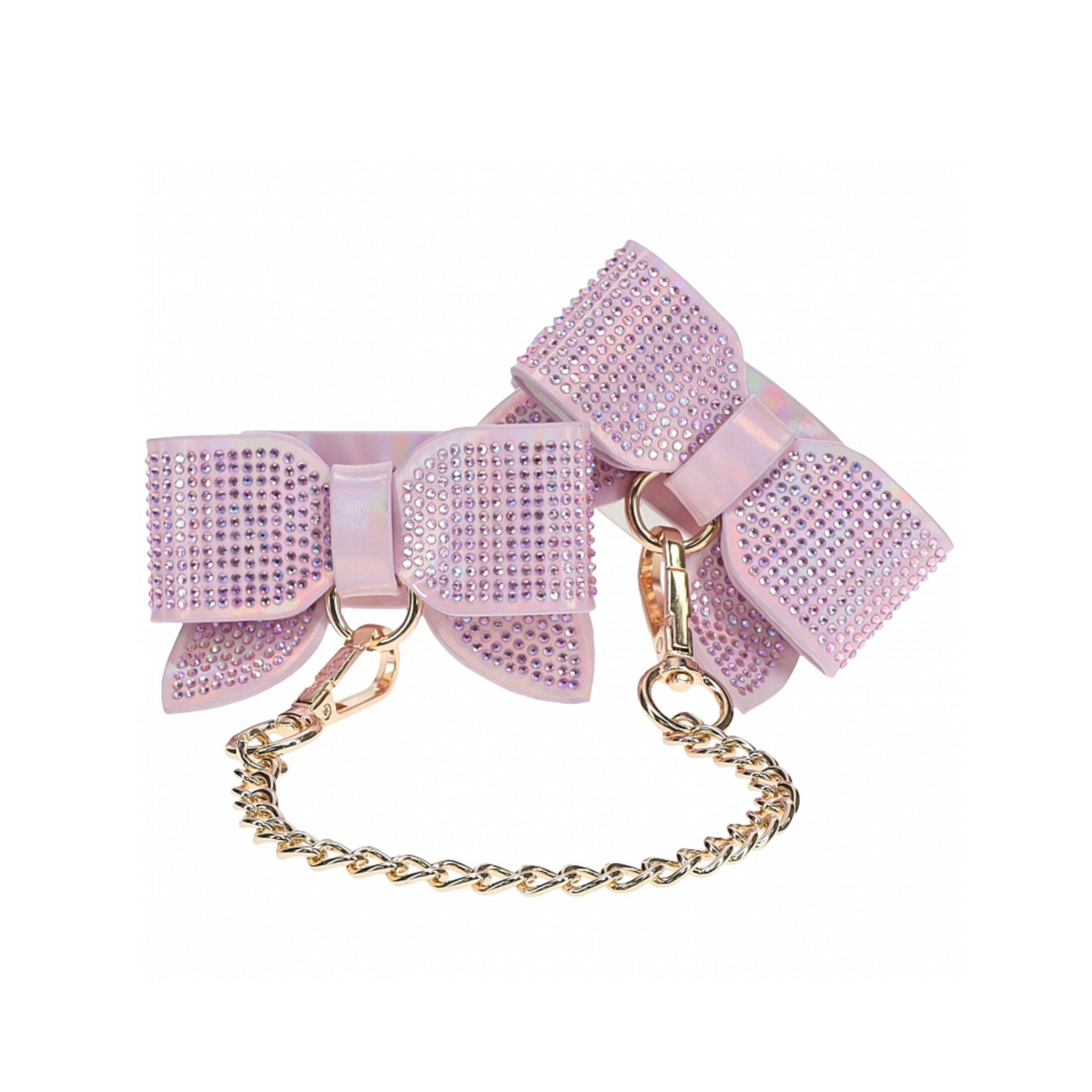Leather bonded PU PVC strong durable wrist cuffs wristcuffs wrist-cuffs restraints iridescent bow rhinestone stunning sparkling dazzling glam adjustable bdsm bdsm-gear bondage paris kink kinky kinky-play cute accessories pink