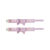 Leather bonded PU PVC strong durable wrist cuffs wristcuffs wrist-cuffs restraints iridescent bow rhinestone stunning sparkling dazzling glam adjustable bdsm bdsm-gear bondage paris kink kinky kinky-play cute accessories pink