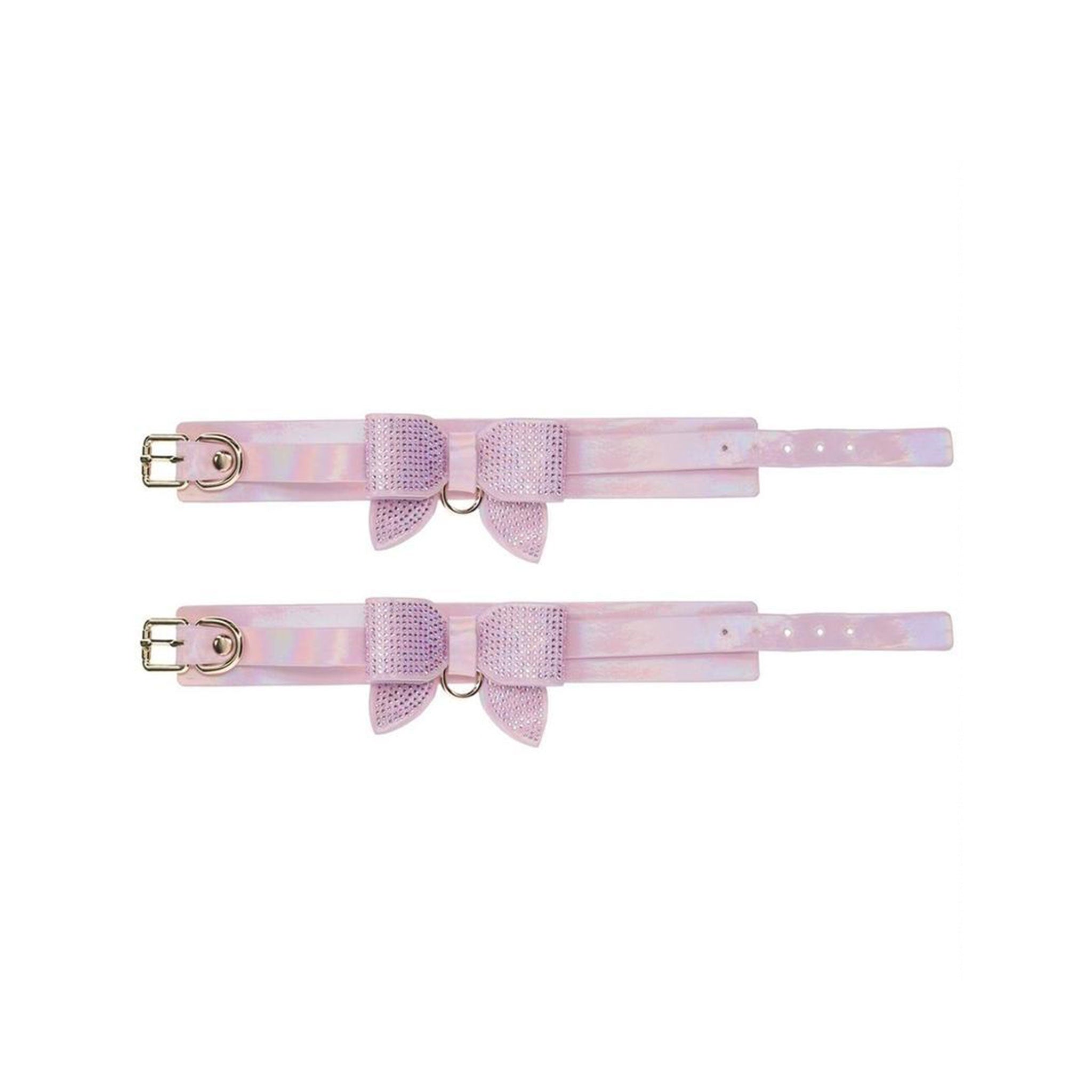 Leather bonded PU PVC strong durable wrist cuffs wristcuffs wrist-cuffs restraints iridescent bow rhinestone stunning sparkling dazzling glam adjustable bdsm bdsm-gear bondage paris kink kinky kinky-play cute accessories pink