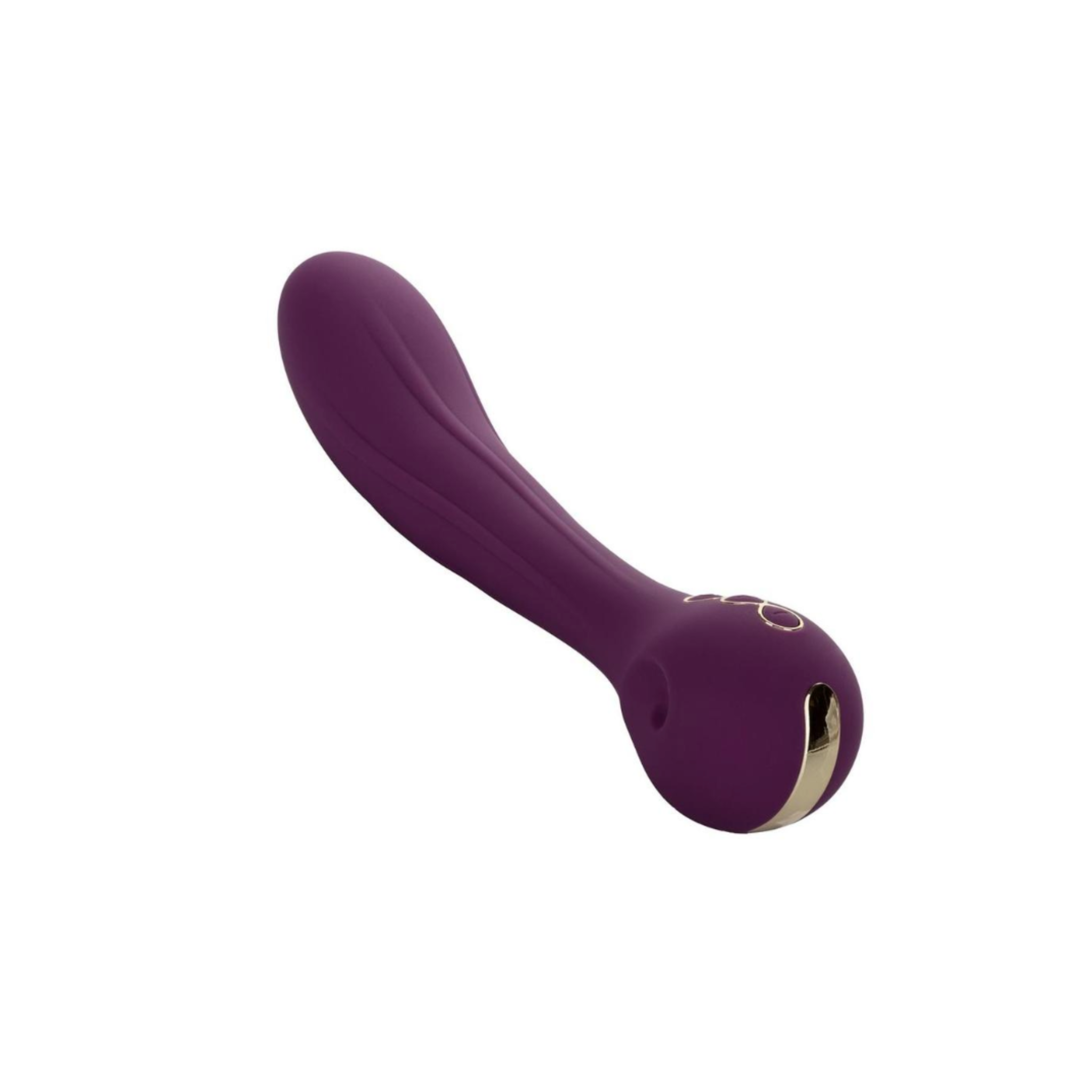 Purple silicone curved vibrator with textured shaft and multiple vibration modes.