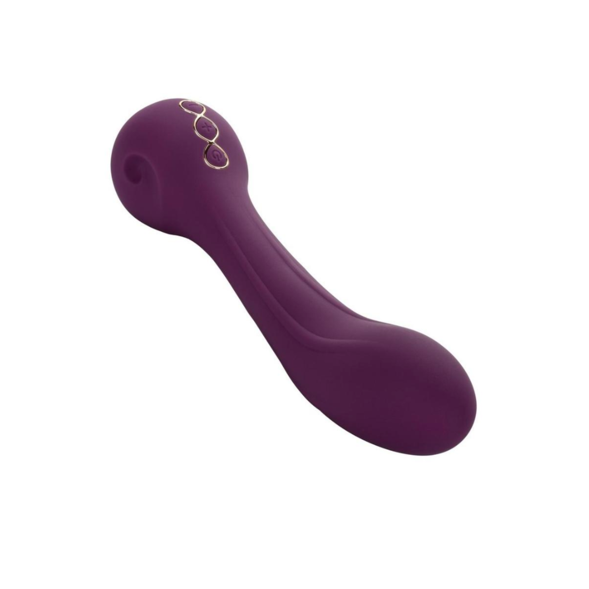 Purple silicone curved vibrator with textured shaft and multiple vibration modes.