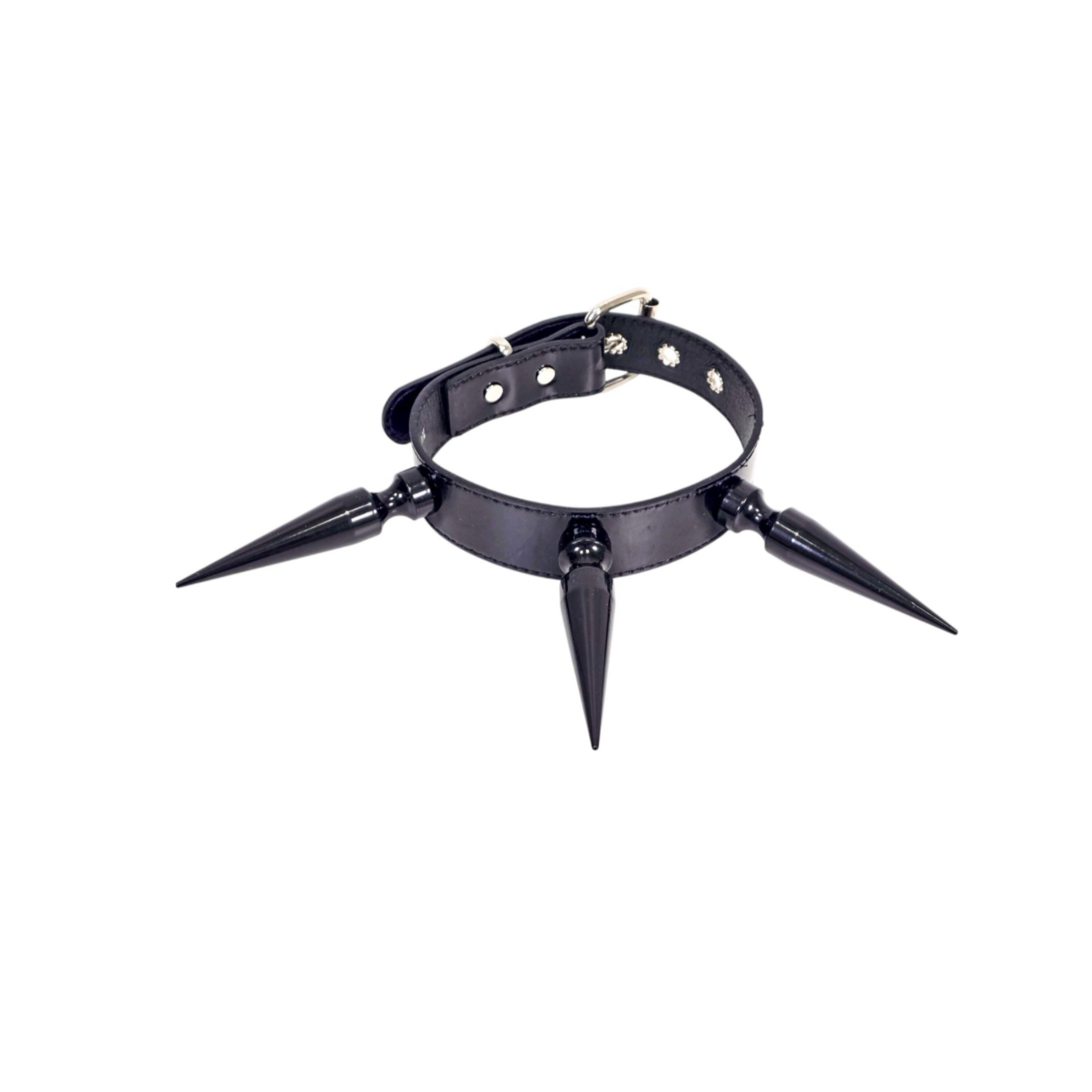 black patent collar with 4 inch metal spikes buckle closure punk gothic bondage fetish fashion accessory