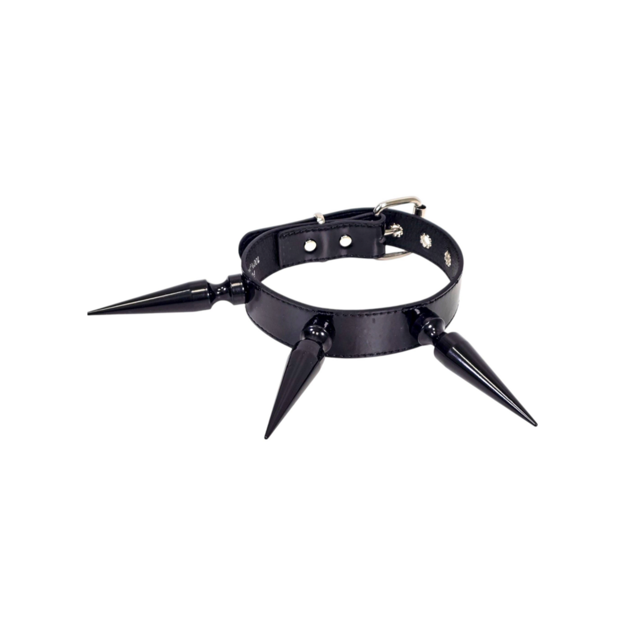 black patent collar with 4 inch metal spikes buckle closure punk gothic bondage fetish fashion accessory