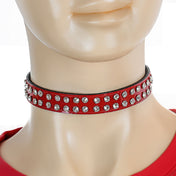 Leather patent-leather rhinestones grommets accessories neck-wear collar choker clear-rhinestones dual-row thin adjustable buckle fetish fashion alt-fashion alternative bondage bdsm bdsm-fashion kink kinky kinkwear pet-play cat kitty kitten feline dog pup puppy costume cosplay halloween gifts meowx-lookbook unisex red