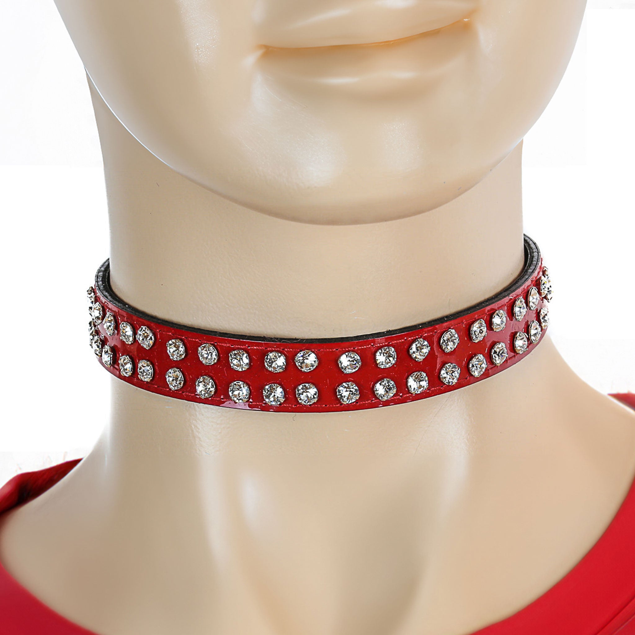 Leather patent-leather rhinestones grommets accessories neck-wear collar choker clear-rhinestones dual-row thin adjustable buckle fetish fashion alt-fashion alternative bondage bdsm bdsm-fashion kink kinky kinkwear pet-play cat kitty kitten feline dog pup puppy costume cosplay halloween gifts meowx-lookbook unisex red