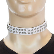 Leather patent-leather rhinestones grommets accessories neck-wear collar choker clear-rhinestones dual-row thin adjustable buckle fetish fashion alt-fashion alternative bondage bdsm bdsm-fashion kink kinky kinkwear pet-play cat kitty kitten feline dog pup puppy costume cosplay halloween gifts meowx-lookbook unisex white