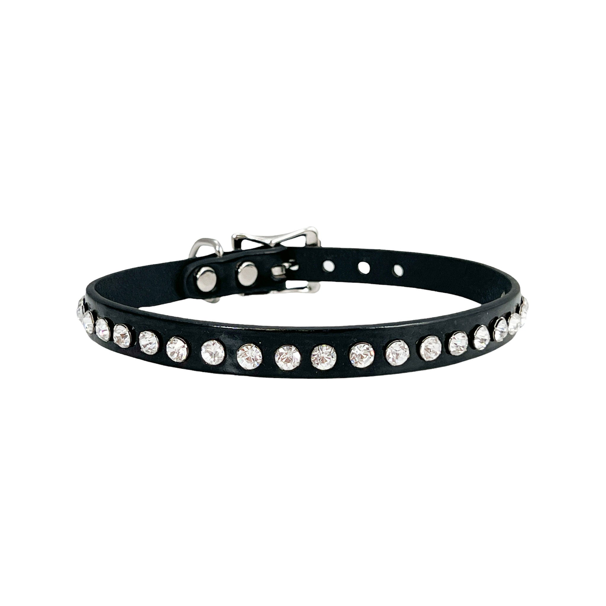 Leather patent-leather rhinestones accessories neck-wear collar choker single-row adjustable buckle D-ring shiny glossy high-shine sparkling fetish fashion alt-fashion alternative punk goth gothic cyber cyberpunk festival rave raver-babe bedroom dungeon bondage bdsm bdsm-fashion bdsm-gear kink kinky kinkwear pet-play costume cosplay halloween unisex black