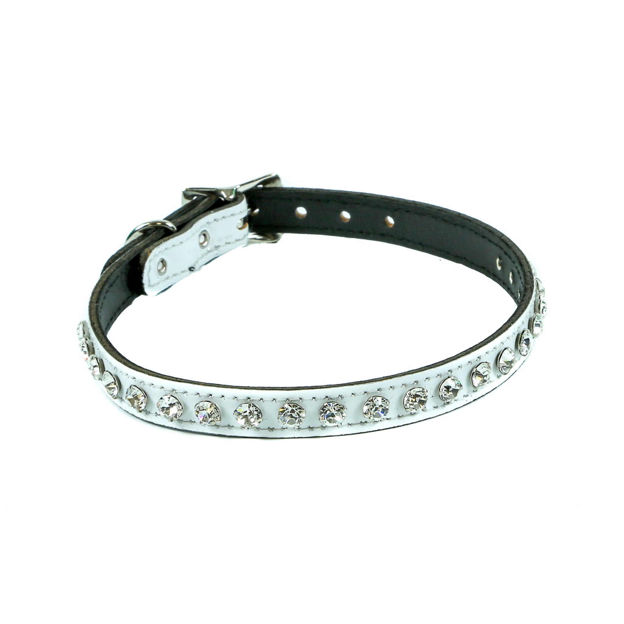Leather patent-leather rhinestones accessories neck-wear collar choker single-row adjustable buckle D-ring shiny glossy high-shine sparkling fetish fashion alt-fashion alternative punk goth gothic cyber cyberpunk festival rave raver-babe bedroom dungeon bondage bdsm bdsm-fashion bdsm-gear kink kinky kinkwear pet-play costume cosplay halloween unisex white 