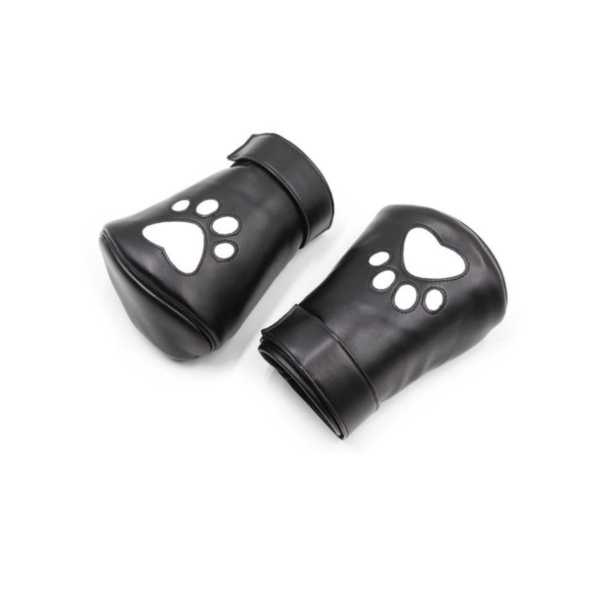 Black paw printed padded mitts, puppy play mitts, sensory deprivation hand cuffs, soft BDSM mitts, adjustable faux leather bondage mitts, adult puppy play accessories