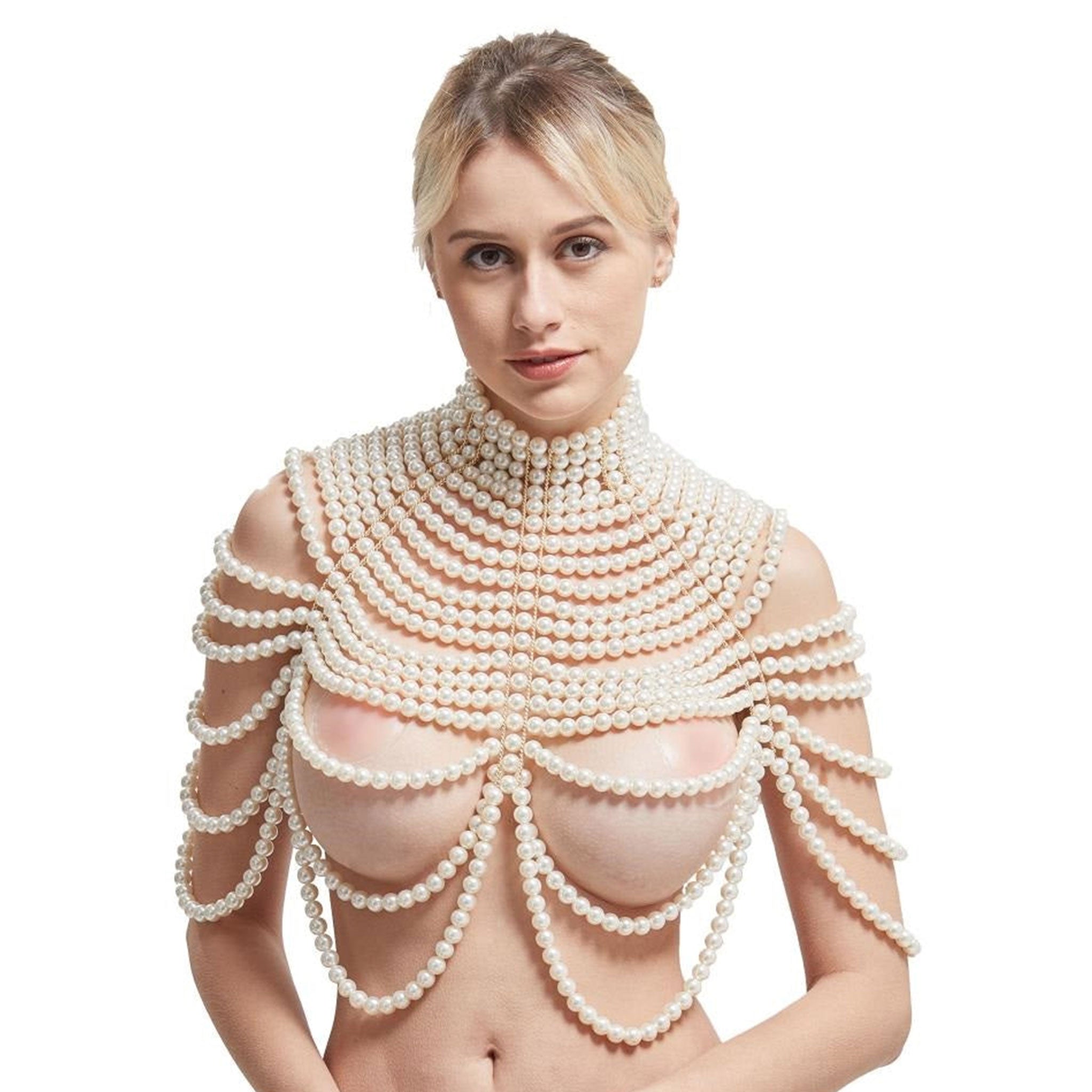 Pearl pearl-strands metallic-chain accessories jewelry body-jewelry top chain-top body-chain bolero bolero-style collar high-collar adjustable slack-chain back-closure neck-closure lobster-clasp open-back peek-a-book peekaboo elegant sensual sensory fashion alt-fashion fancy classy costume cosplay halloween valentines gift female femme feminine womens white pearlescent 