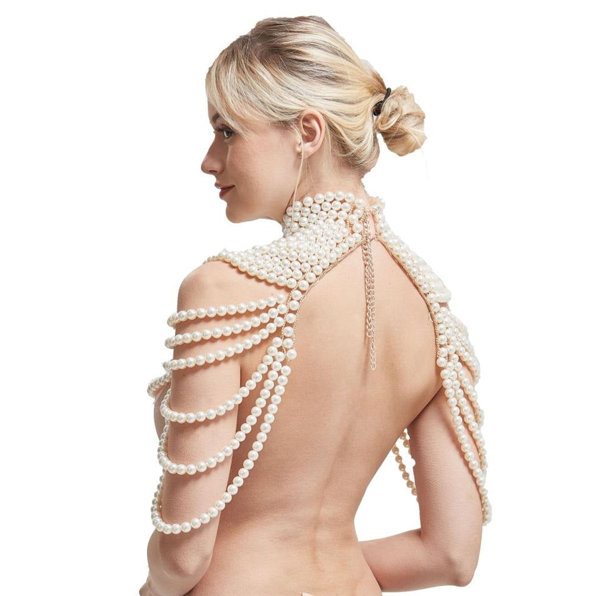 Pearl pearl-strands metallic-chain accessories jewelry body-jewelry top chain-top body-chain bolero bolero-style collar high-collar adjustable slack-chain back-closure neck-closure lobster-clasp open-back peek-a-book peekaboo elegant sensual sensory fashion alt-fashion fancy classy costume cosplay halloween valentines gift female femme feminine womens white pearlescent 