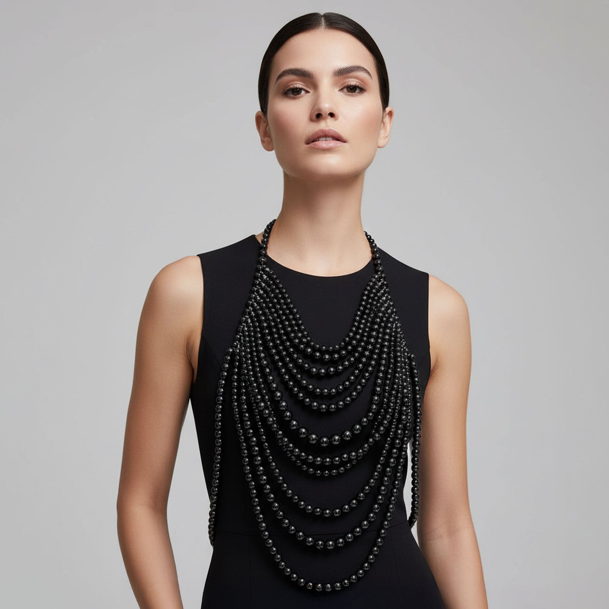 Pearls metallic-chain accessories jewelry tops halter-top shiny lustrous elegant alluring mesmerizing shimmering versatile soft luxurious comfortable stylish playful charming adjustable lobster-clasp pearl-finish fetish fashion alt-fashion goth gothic goth-doll bedroom intimate-moments fancy eveningwear costume cosplay halloween female femme feminine womens black iridescent