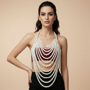 Pearls metallic-chain accessories jewelry tops halter-top shiny lustrous elegant alluring mesmerizing shimmering versatile soft luxurious comfortable stylish playful charming adjustable lobster-clasp pearl-finish fetish fashion alt-fashion goth gothic goth-doll bedroom intimate-moments fancy eveningwear costume cosplay halloween female femme feminine womens white