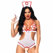 Polyester spandex elastane mesh sheer transparent apparel intimates lingerie lingerie-set teddy bodysuit body-suit peekaboo peek-a-boo bra cups nurse-cap headband head-band headgear head-gear underbust-band satin-bow tieback tie-back ruffled-trim thong-back elastic-waistband slip-on halter-straps crotchless open-crotch red-cross naughty nice fantasy costume costume-set uniform medical nurse cosplay roleplay role-play halloween female femme feminine womens white red