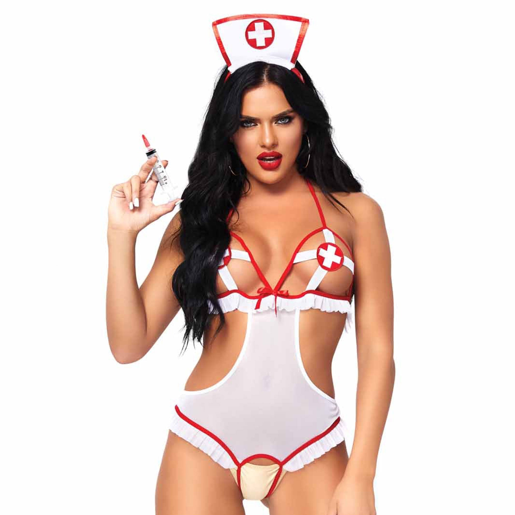 Polyester spandex elastane mesh sheer transparent apparel intimates lingerie lingerie-set teddy bodysuit body-suit peekaboo peek-a-boo bra cups nurse-cap headband head-band headgear head-gear underbust-band satin-bow tieback tie-back ruffled-trim thong-back elastic-waistband slip-on halter-straps crotchless open-crotch red-cross naughty nice fantasy costume costume-set uniform medical nurse cosplay roleplay role-play halloween female femme feminine womens white red