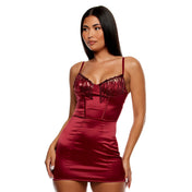 Polyester Spandex satin intimates lingerie lingerie-set dresses minidress mini-dress chemise underwire support cups boned open-back sequin fringe cutout cut-out panels adjustable shoulder-straps gstring g-string valentines valentine's peepshow peep-show seductive stretchy female femme feminine women burgundy