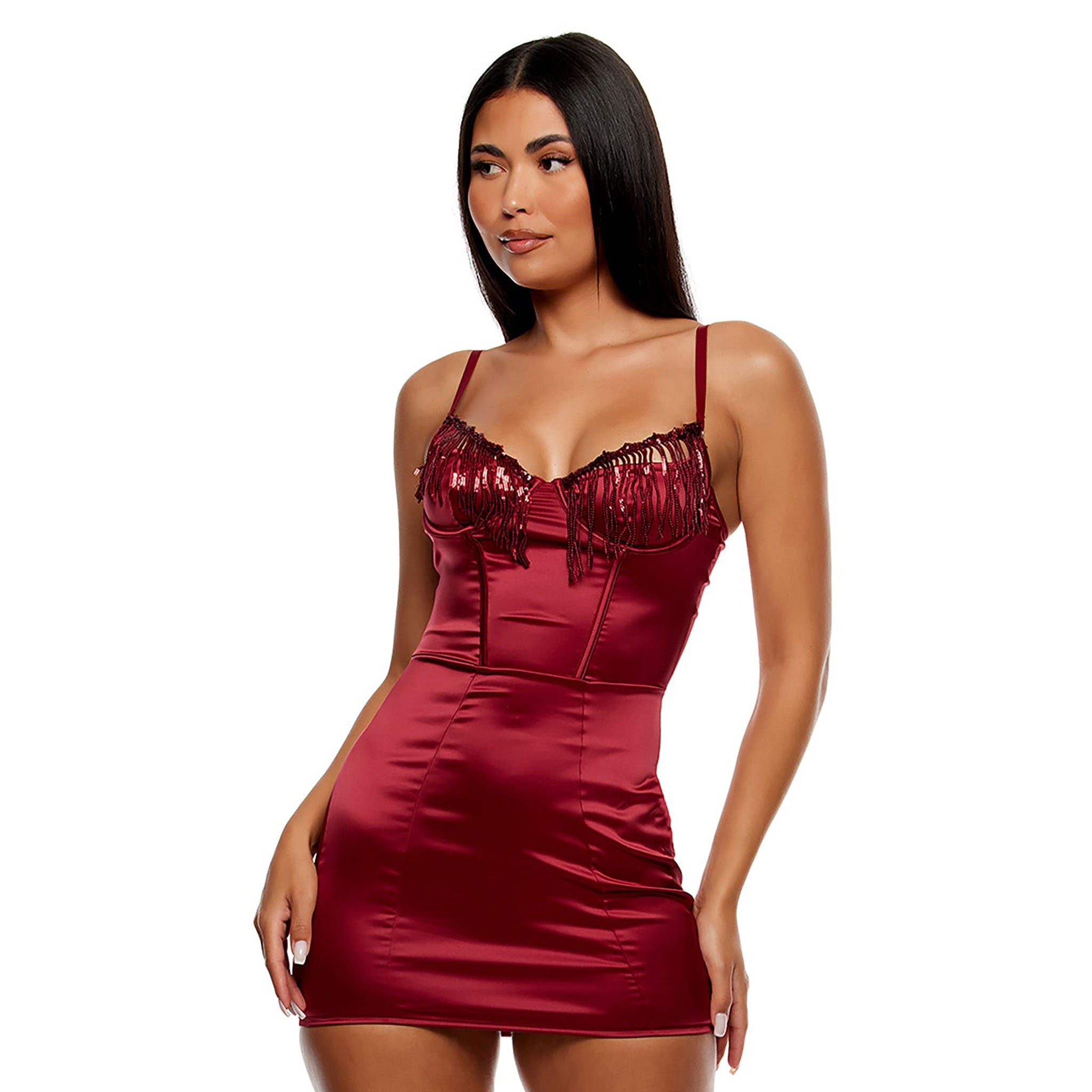 Polyester Spandex satin intimates lingerie lingerie-set dresses minidress mini-dress chemise underwire support cups boned open-back sequin fringe cutout cut-out panels adjustable shoulder-straps gstring g-string valentines valentine's peepshow peep-show seductive stretchy female femme feminine women burgundy