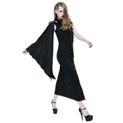 Cotton spandex faux-leather apparel dress long-dress pencil-dress slit-dress high-slit snap-button press-stud peek-a-boo sleeveless shoulder-cape spiked-epaulet removable knit-scarf glamorous elegant timeless fashion alternative alt-fashion party party-girl costume cosplay halloween female femme feminine womens black