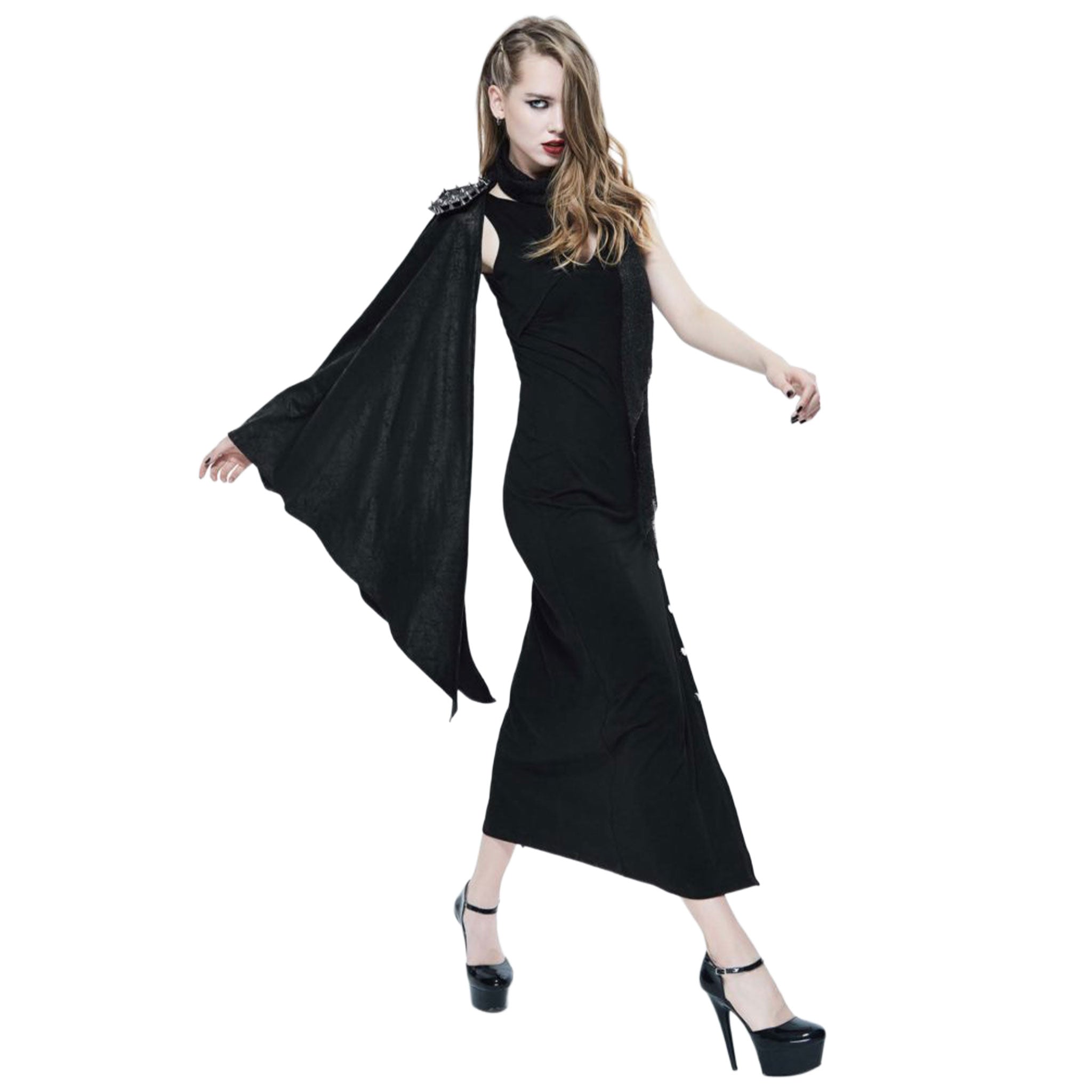 Cotton spandex faux-leather apparel dress long-dress pencil-dress slit-dress high-slit snap-button press-stud peek-a-boo sleeveless shoulder-cape spiked-epaulet removable knit-scarf glamorous elegant timeless fashion alternative alt-fashion party party-girl costume cosplay halloween female femme feminine womens black