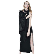 Cotton spandex faux-leather apparel dress long-dress pencil-dress slit-dress high-slit snap-button press-stud peek-a-boo sleeveless shoulder-cape spiked-epaulet removable knit-scarf glamorous elegant timeless fashion alternative alt-fashion party party-girl costume cosplay halloween female femme feminine womens black