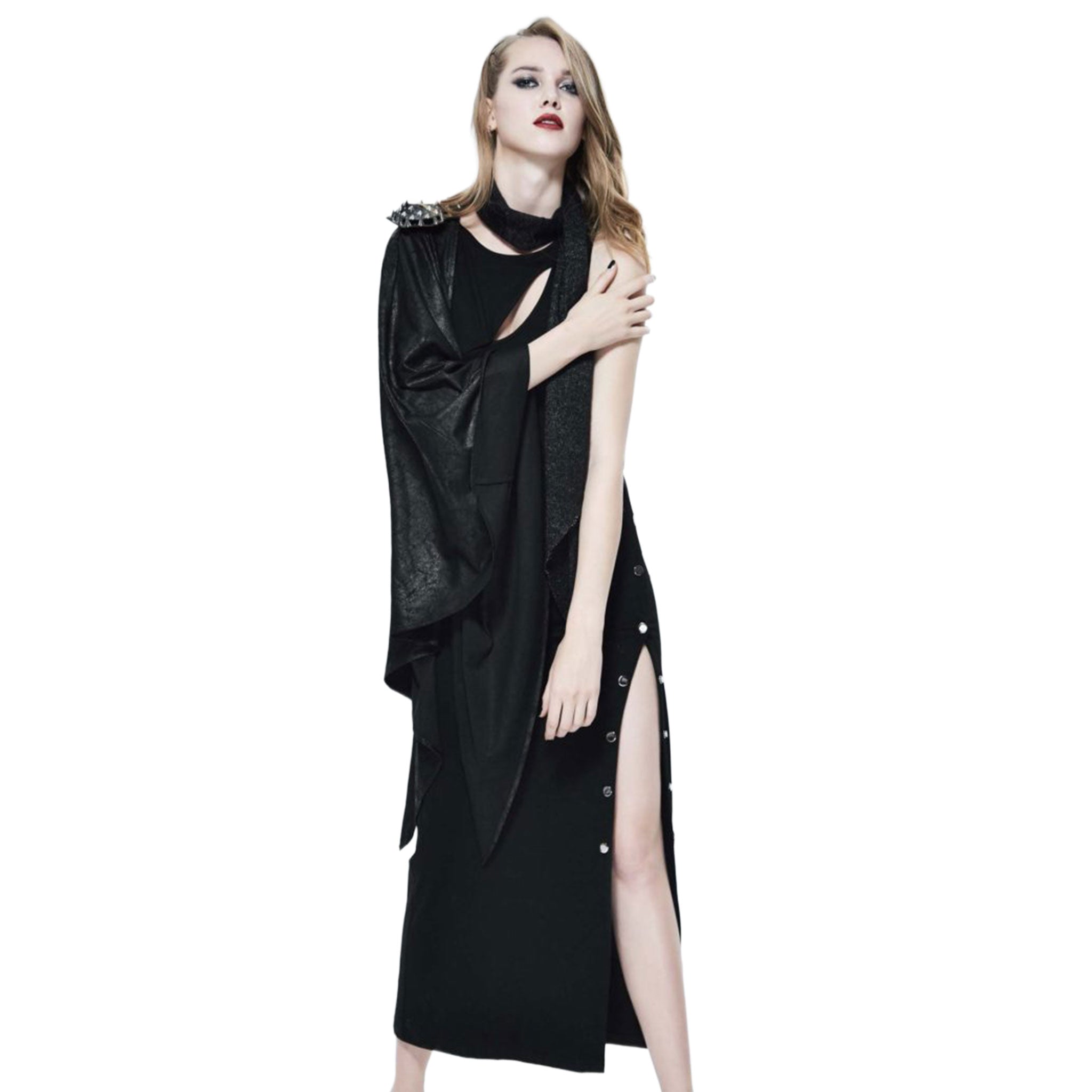 Cotton spandex faux-leather apparel dress long-dress pencil-dress slit-dress high-slit snap-button press-stud peek-a-boo sleeveless shoulder-cape spiked-epaulet removable knit-scarf glamorous elegant timeless fashion alternative alt-fashion party party-girl costume cosplay halloween female femme feminine womens black