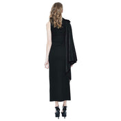 Cotton spandex faux-leather apparel dress long-dress pencil-dress slit-dress high-slit snap-button press-stud peek-a-boo sleeveless shoulder-cape spiked-epaulet removable knit-scarf glamorous elegant timeless fashion alternative alt-fashion party party-girl costume cosplay halloween female femme feminine womens black
