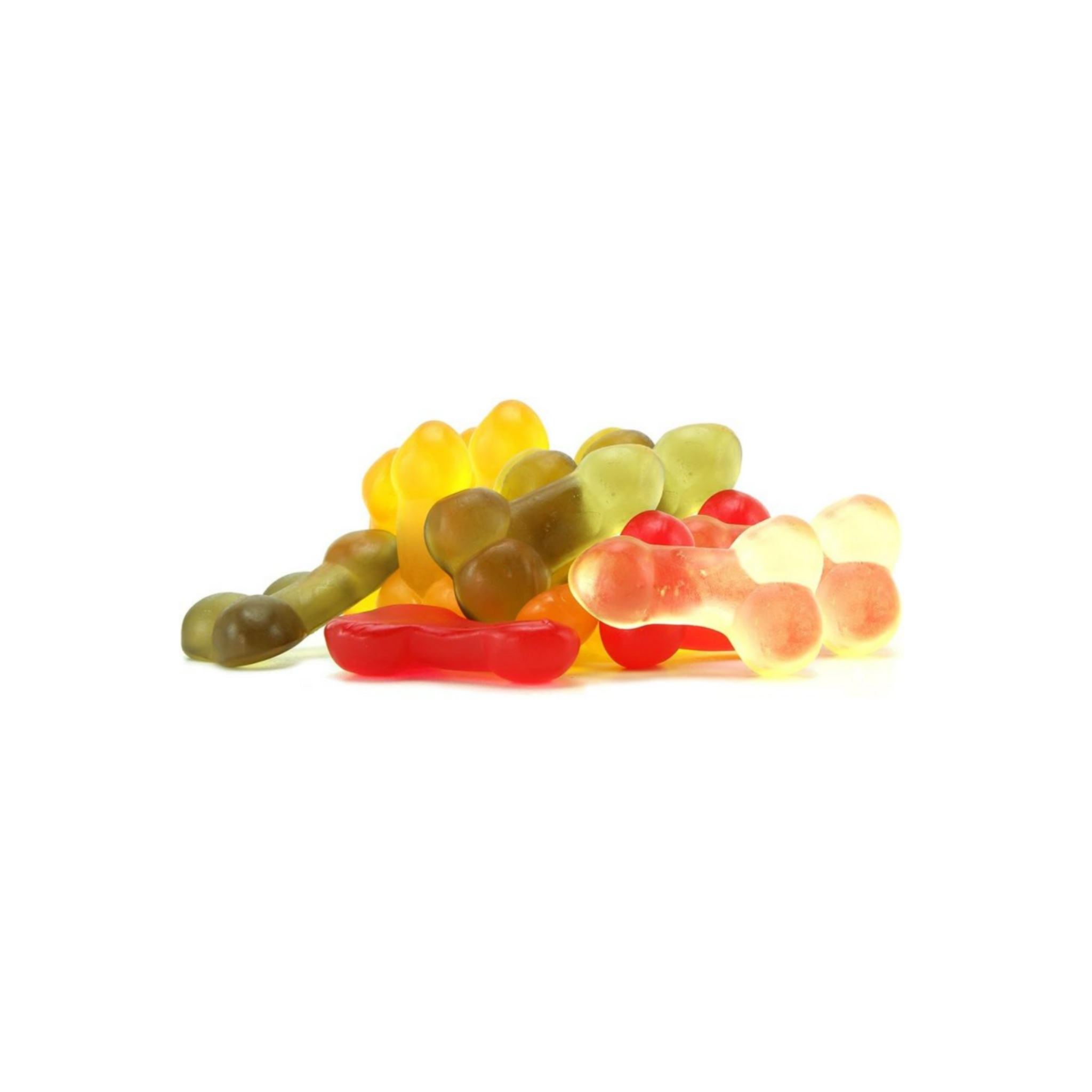 Fruity penis-shaped gummies, assorted colors, 30 pieces.

