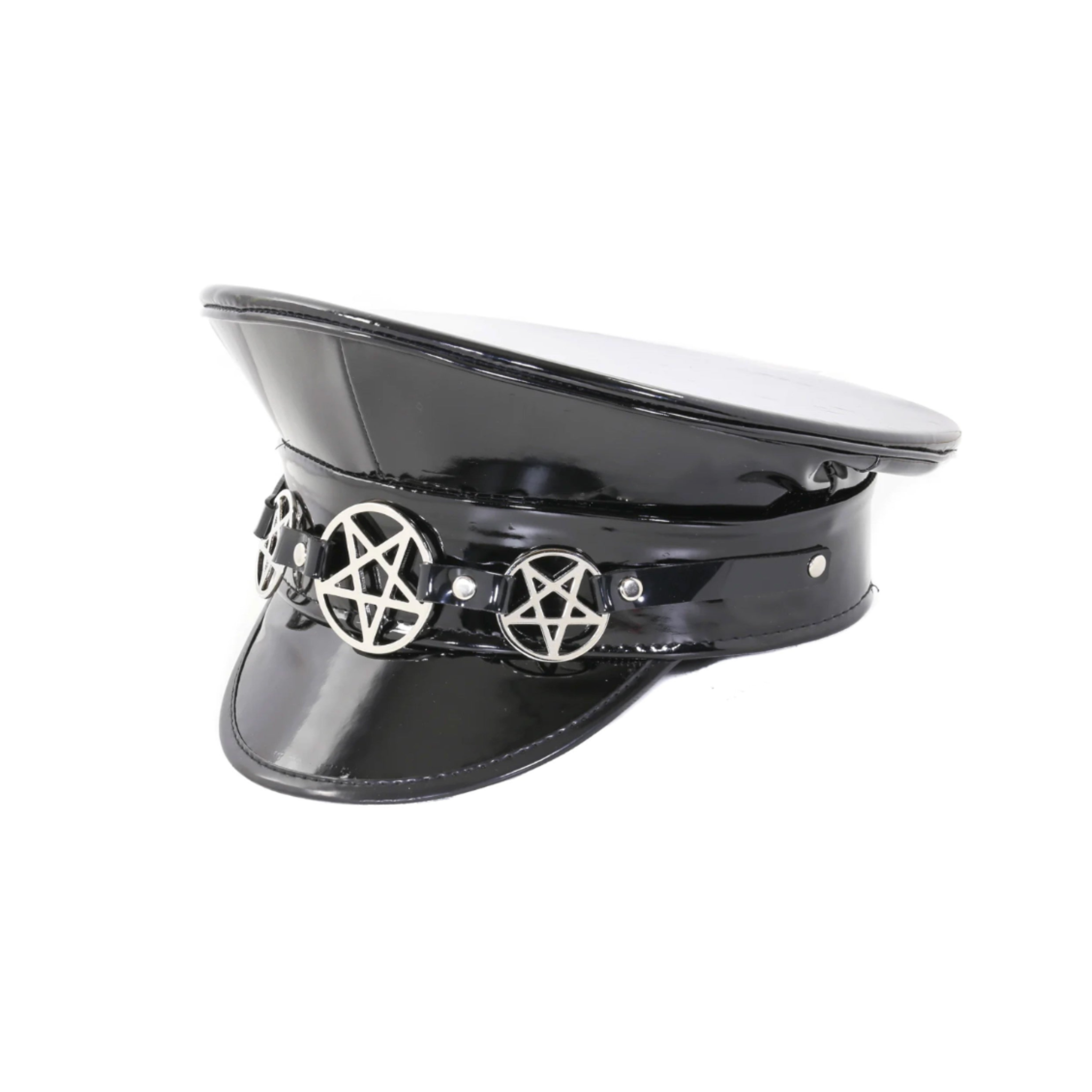 pentagram captains hat black vegan patent leather silver inverted pentagram gothic fetish headwear unisex accessory