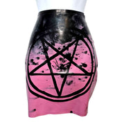 Latex marbled-latex apparel skirt miniskirt mini-skirt pullon pull-on pull-over pullover pentagram pentacle graphic wild-eyes angry-eyes unique organic fetish fashion alt-fashion punk goth gothic rocker female femme feminine womens black pink