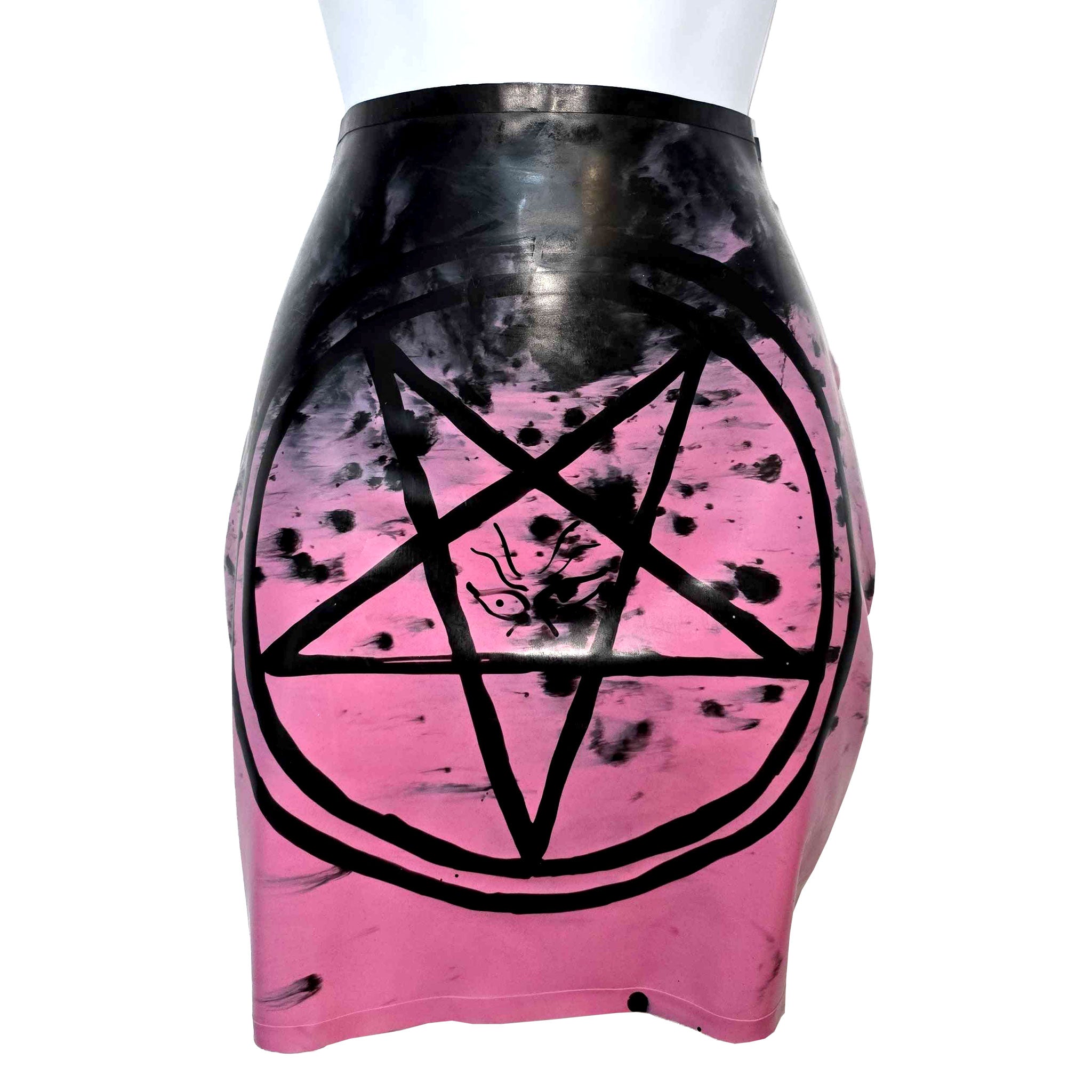 Latex marbled-latex apparel skirt miniskirt mini-skirt pullon pull-on pull-over pullover pentagram pentacle graphic wild-eyes angry-eyes unique organic fetish fashion alt-fashion punk goth gothic rocker female femme feminine womens black pink