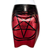 Latex marbled-latex apparel skirt miniskirt mini-skirt pullon pull-on pull-over pullover pentagram pentacle graphic wild-eyes angry-eyes unique organic fetish fashion alt-fashion punk goth gothic rocker female femme feminine womens black red metallic-red
